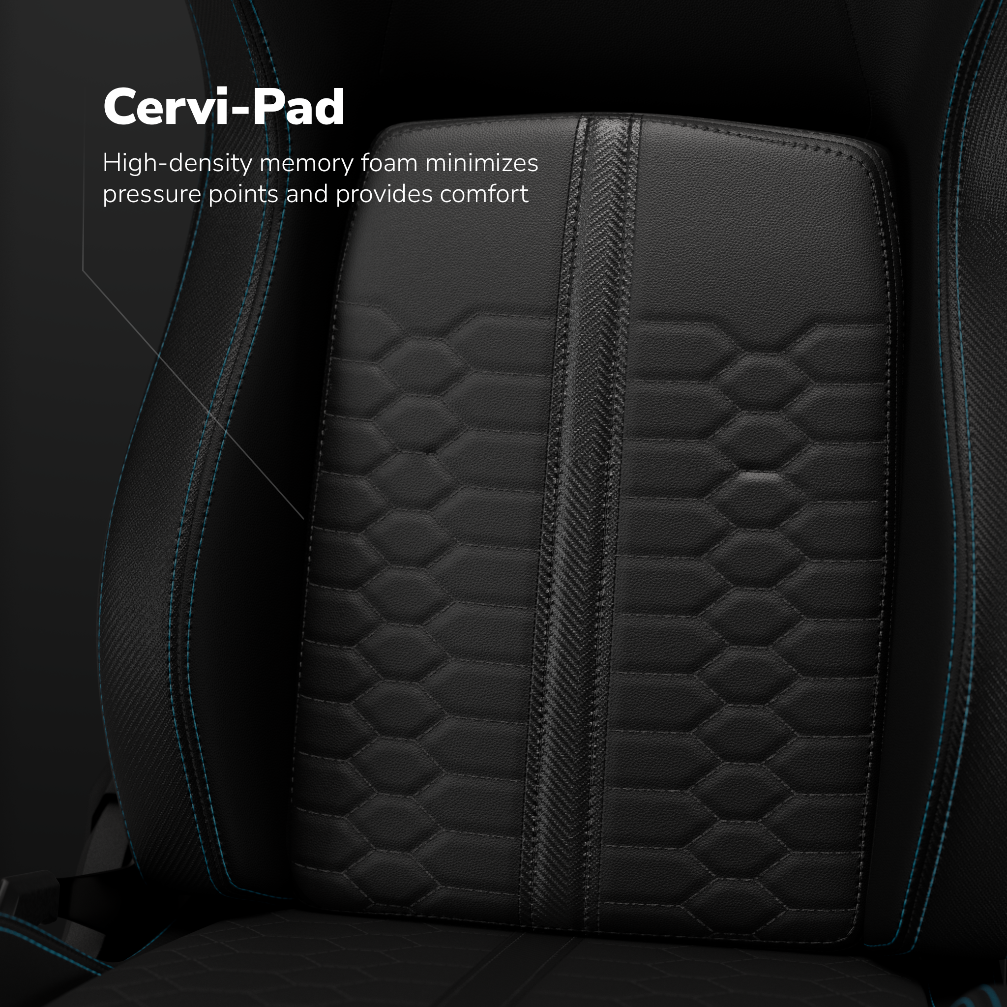 Dossier de chaise Cervi-Pad noir avec motif matelassé et coutures bleues. Inclut le texte 'Cervi-Pad'.