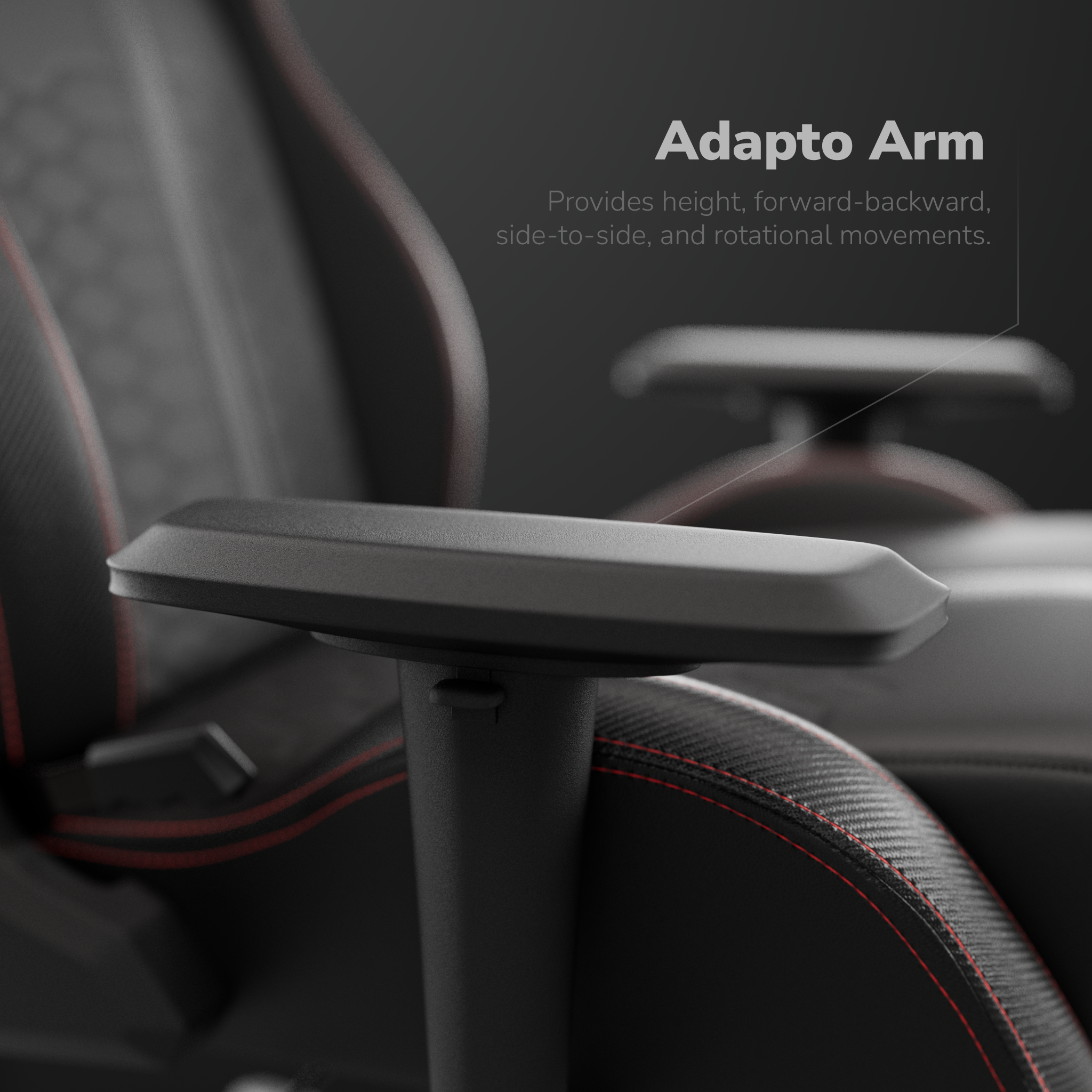 Primer plano de un brazo de silla negro con costuras rojas. El texto dice 'Adapto Arm' con descripciones de movimiento.