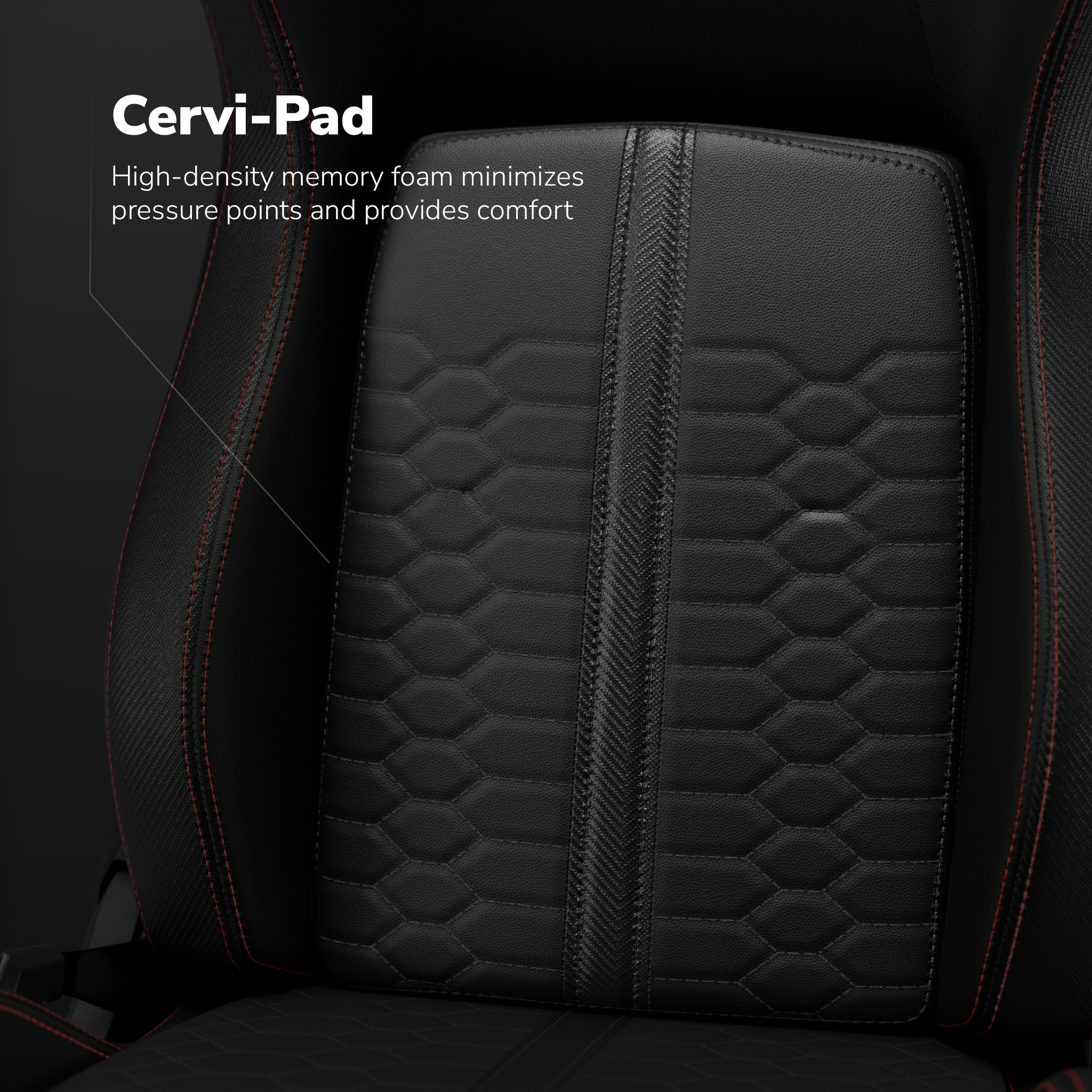 Respaldo negro Cervi-Pad con patrón hexagonal y costuras rojas. La tira central es texturizada.