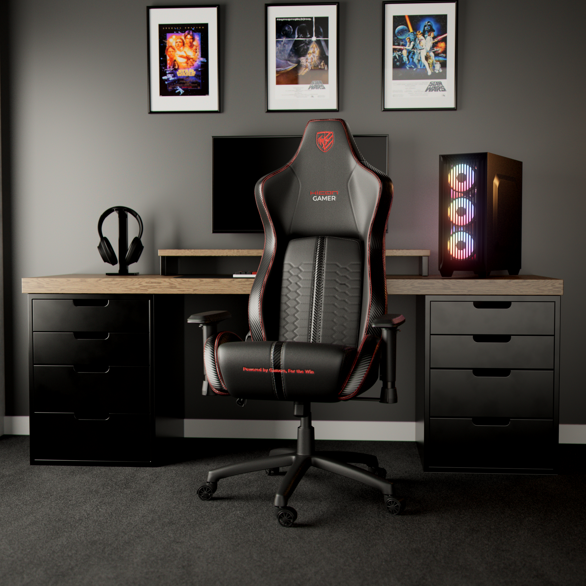 Configuration de jeu avec affiches Star Wars, chaise gaming, bureau et bureau noir. Murs et tapis gris foncé.