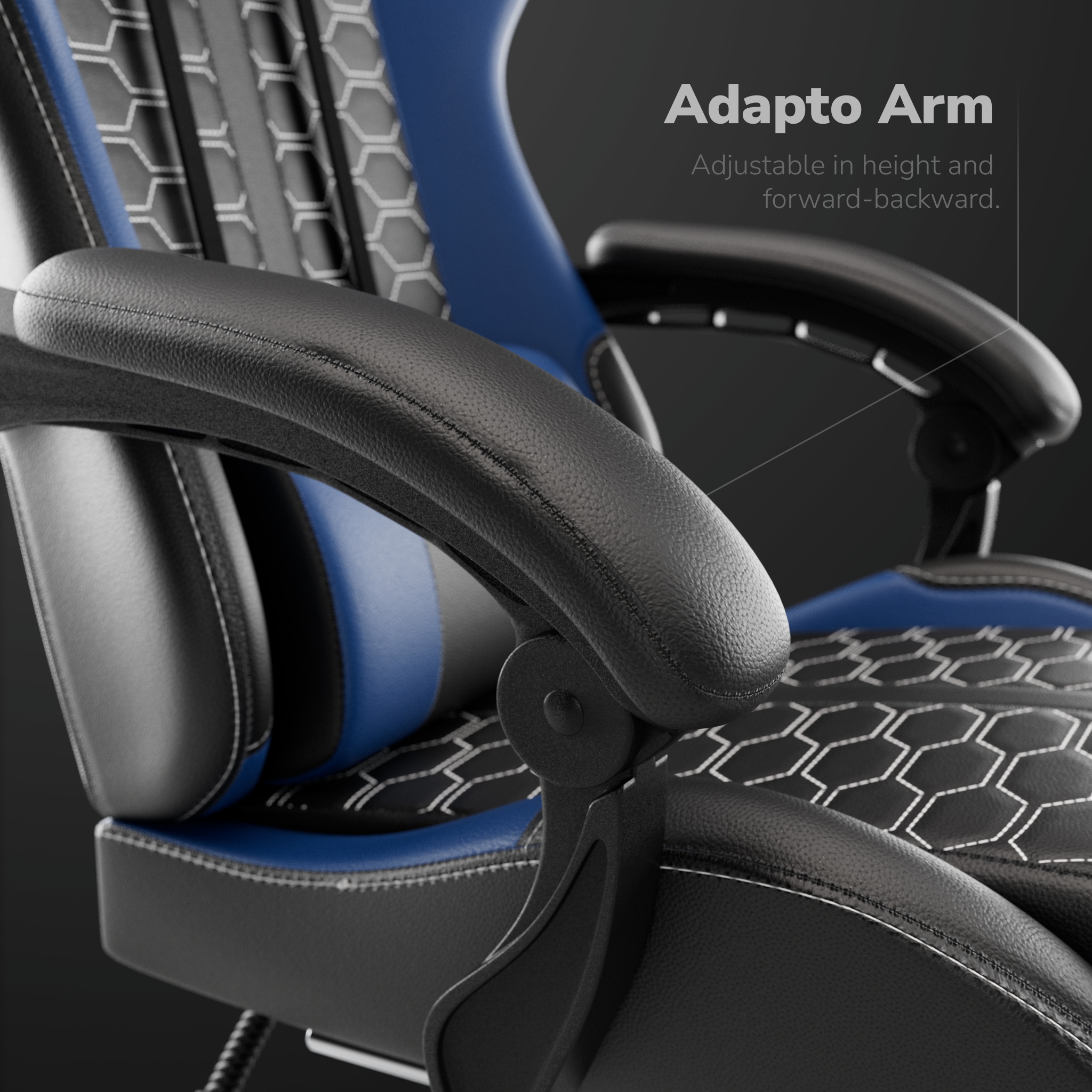 Détail du fauteuil gaming. Cuir noir, touches de bleu, coutures blanches et motif en nid d'abeille. Accoudoir réglable.