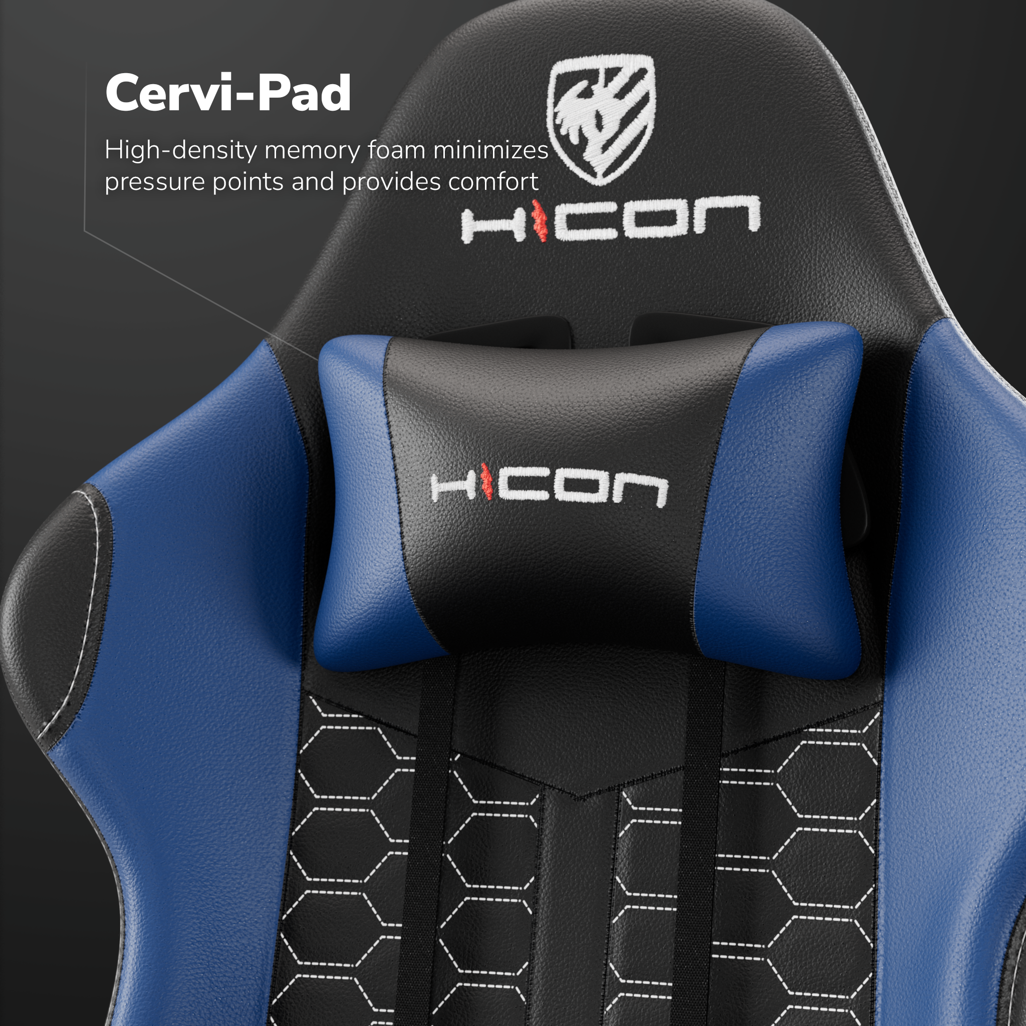 Détail du fauteuil gaming : noir et bleu avec surpiqûres blanches, Cervi-Pad et logo HICON.
