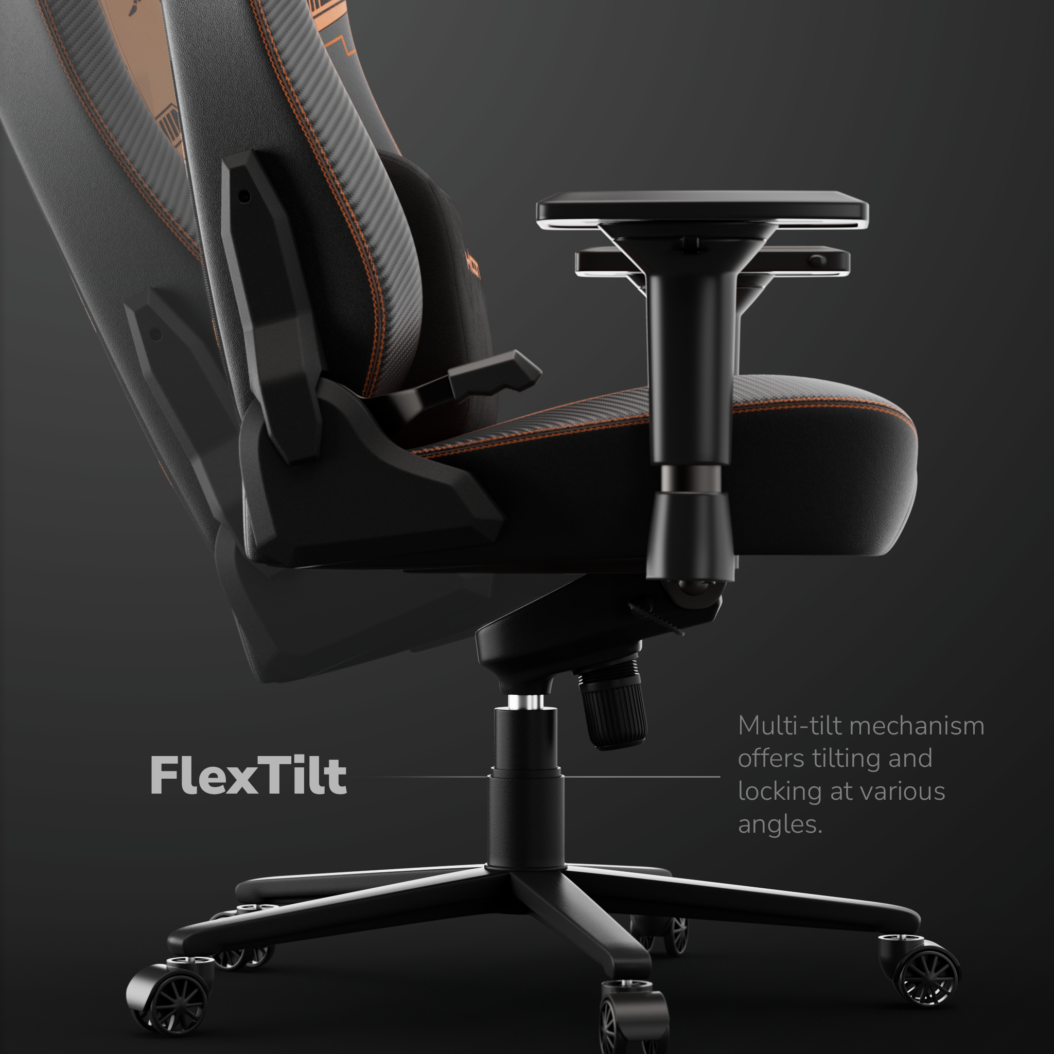 Ein schwarzer Gaming-Stuhl mit orangefarbenen Nähten und Carbonfaserdetails, FlexTilt-Text und einem Multi-Tilt-Mechanismus.