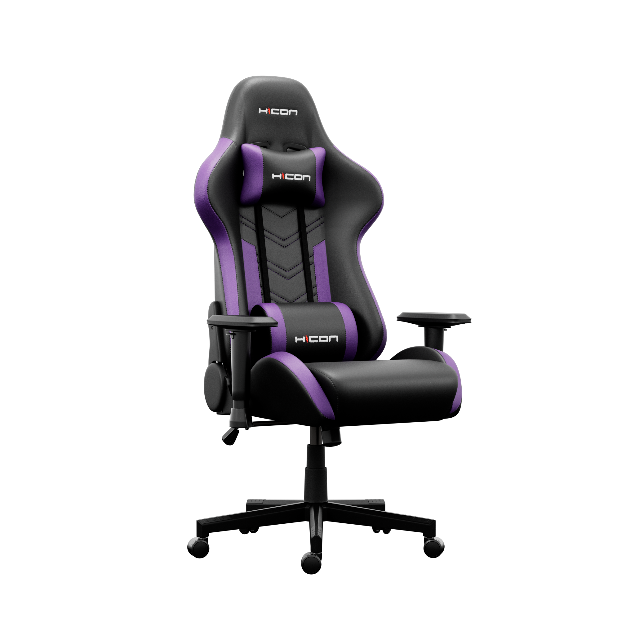 Une chaise de jeu noire et violette avec le logo "H Con" sur l'appuie-tête, le support lombaire et la chaise.