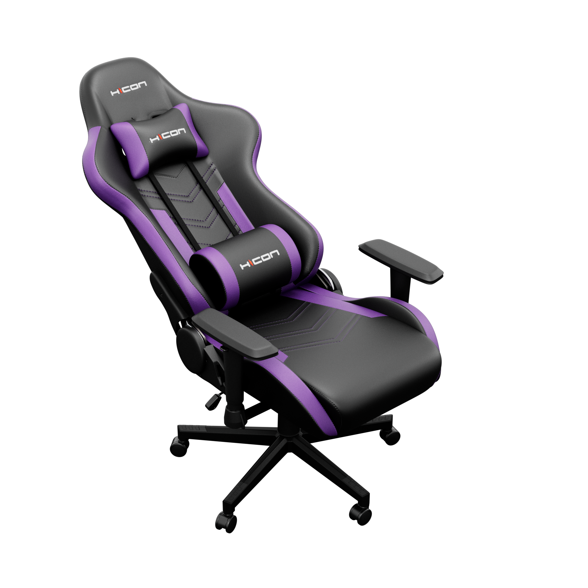 Une chaise de jeu avec des accents noirs et violets. Elle a un appui-tête, un support lombaire, des accoudoirs et une base avec des roues, sur fond noir.
