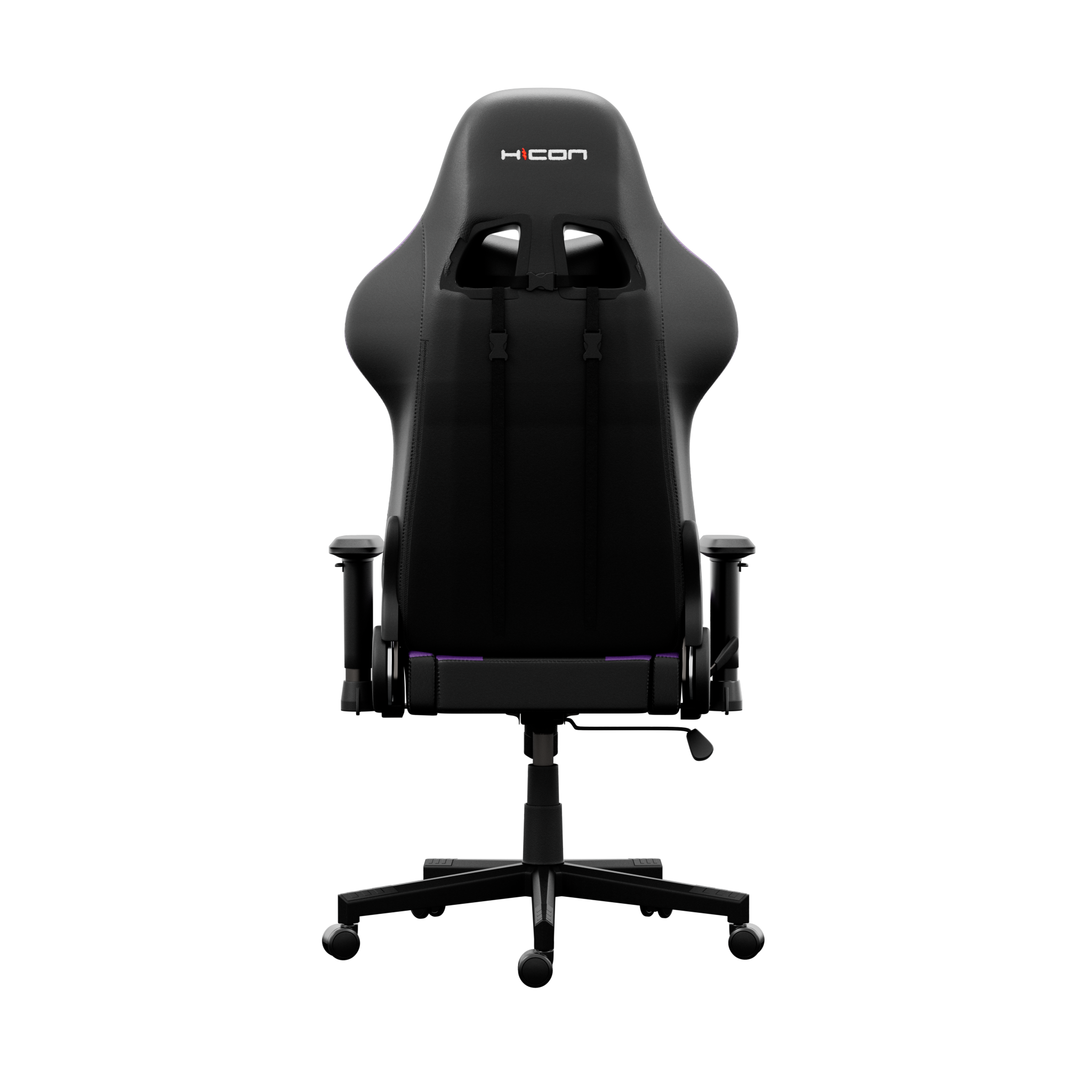 Chaise de jeu noire sur fond noir. La chaise a un appui-tête avec le logo 'H CON'.