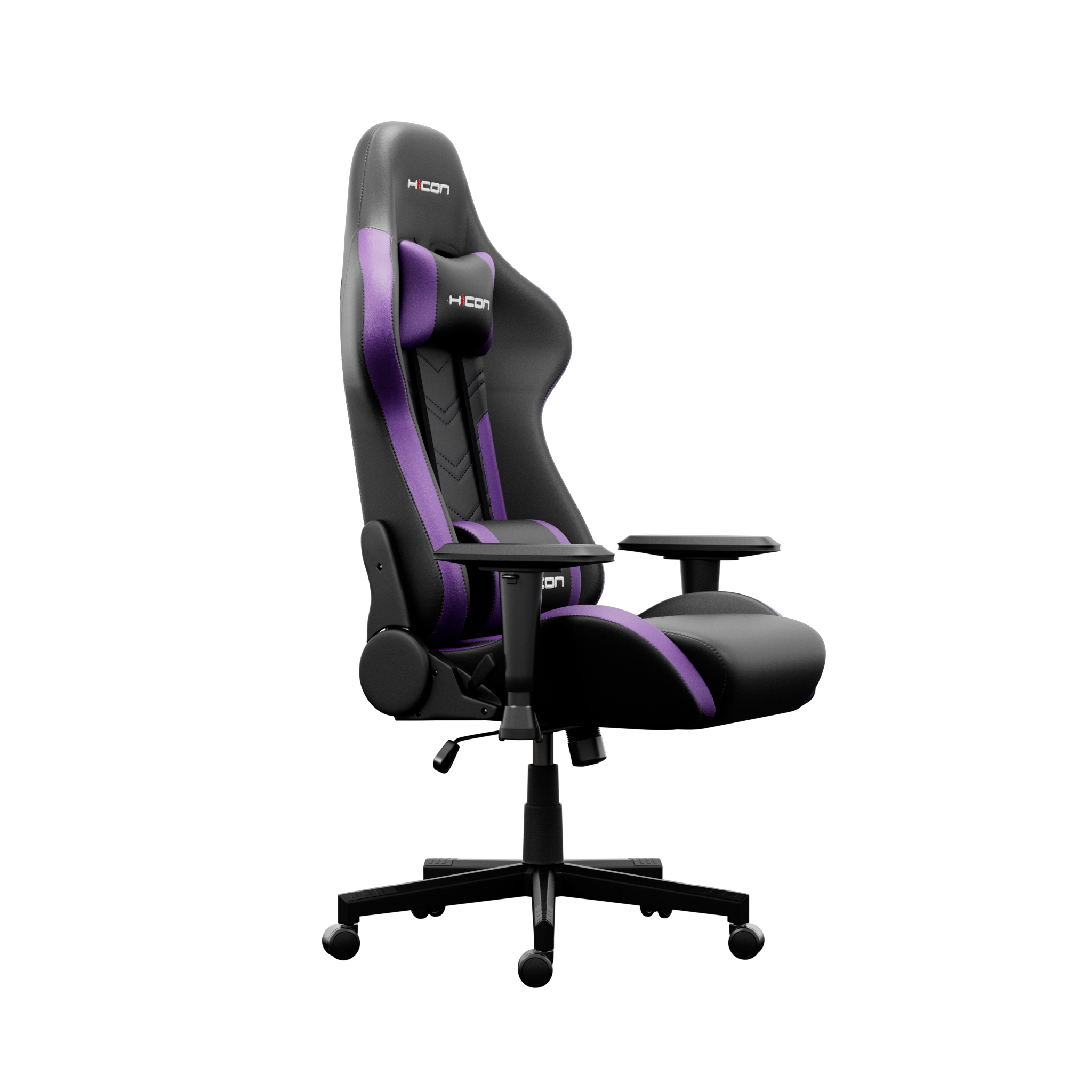 Une chaise de jeu noire et violette sur fond noir. Elle a un appui-tête et des accoudoirs.