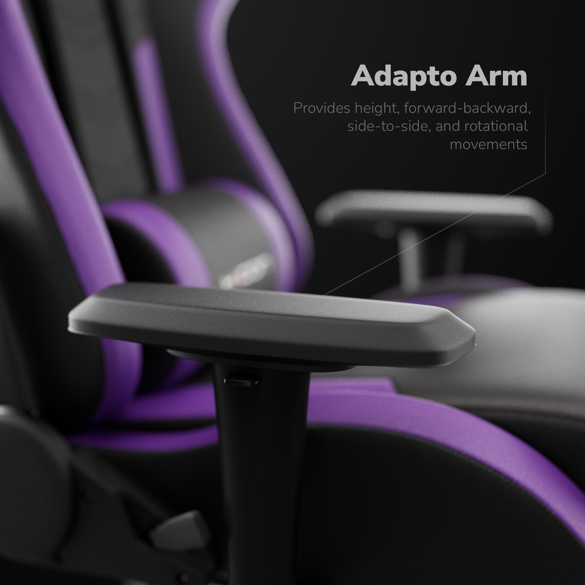 Nahaufnahme einer schwarzen und lila Gaming-Stuhllehne mit dem Text "Adapto Arm".