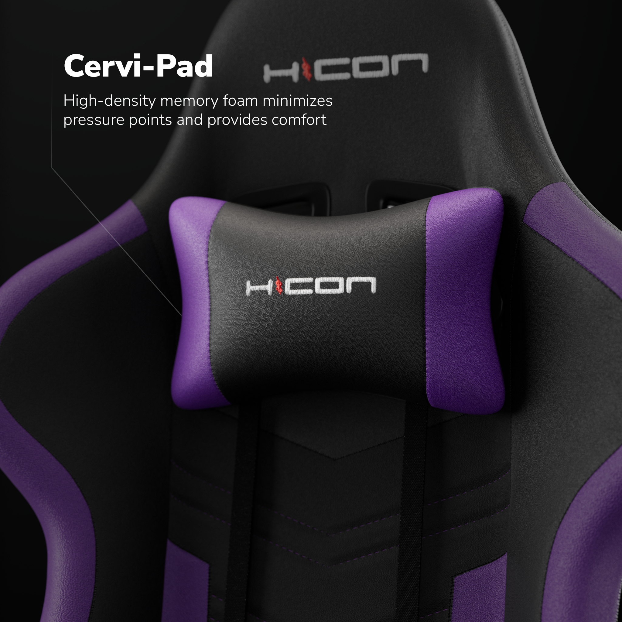 Détail d'une chaise gaming noire et violette. Coussin Cervi-Pad avec logo, assise noire et touches de violet. Mousse haute densité.