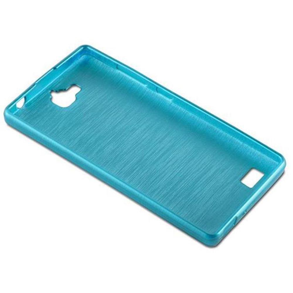 Se muestra una funda de teléfono turquesa, con una superficie texturizada. Tiene recortes para cámara, botones y otras funciones.