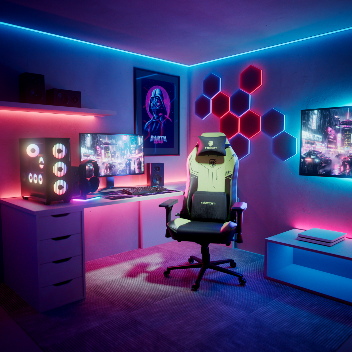 Ein Gaming-Zimmer mit Stuhl, Computer und Neonlichtern. Ein Darth-Vader-Poster hängt an der Wand, mit einem Monitor, der eine Stadt zeigt.