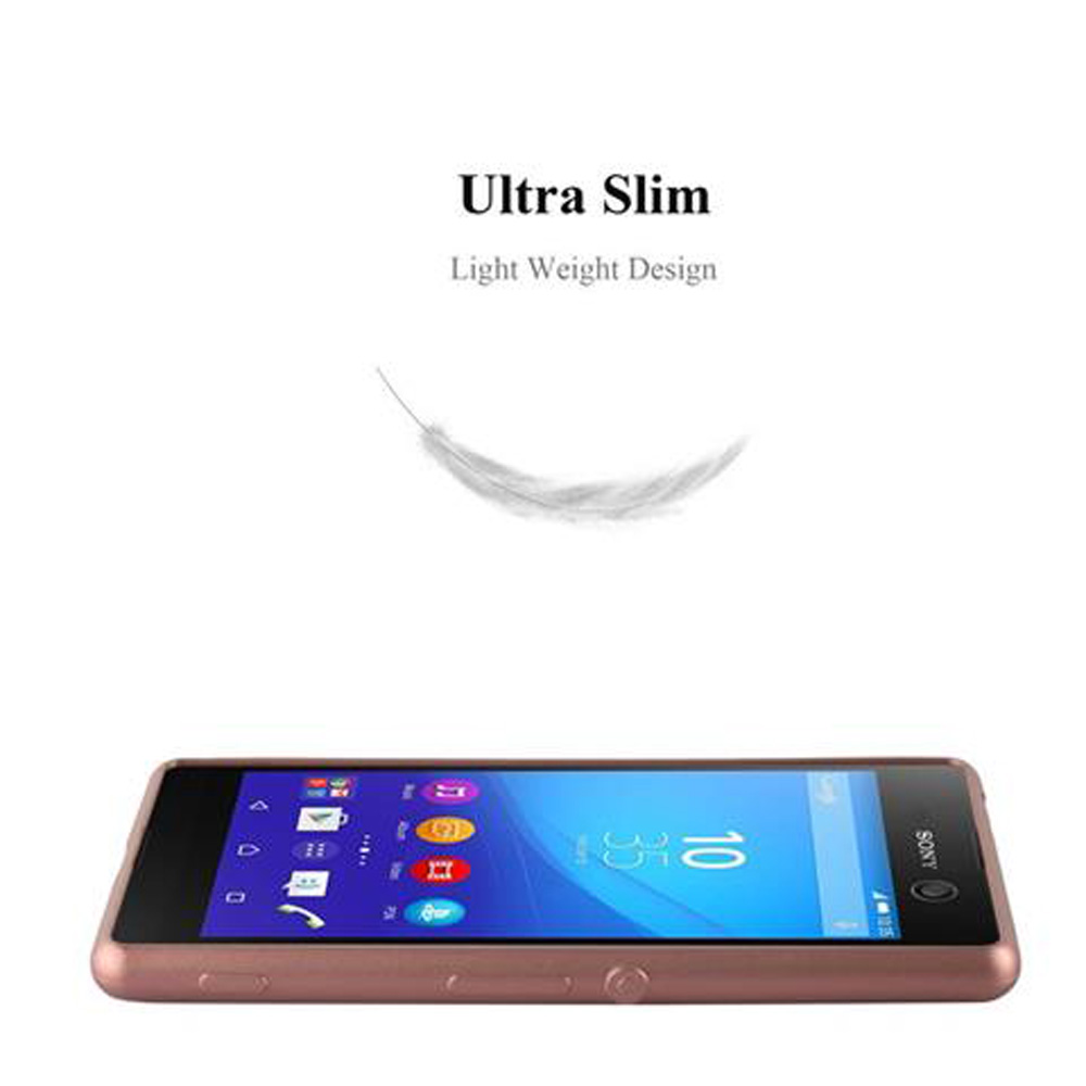 Uno smartphone color oro rosa mostra un'interfaccia su uno schermo blu. Sopra, le parole 'Ultra Slim' e una piuma.