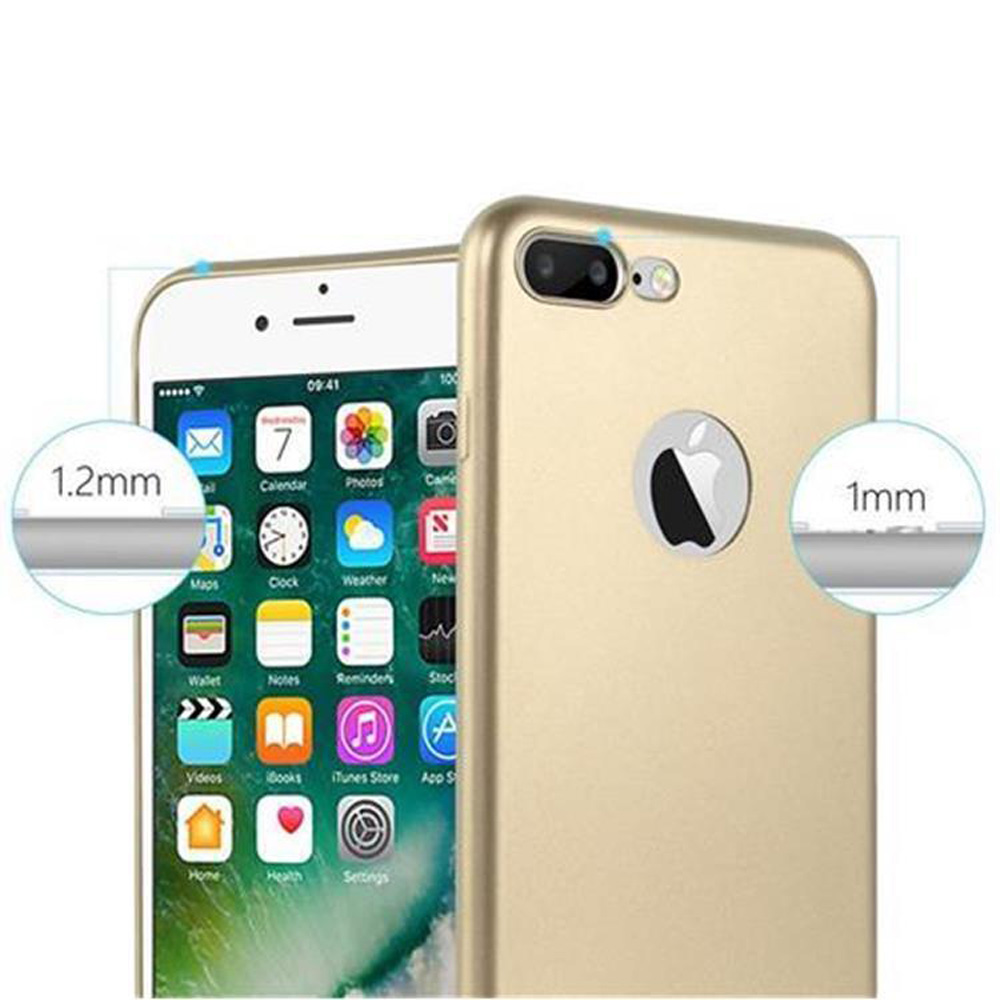 Due iPhone, uno con schermo acceso, l'altro in custodia dorata. Visualizza app. Il testo mostra uno spessore di 1,2 mm e 1 mm.