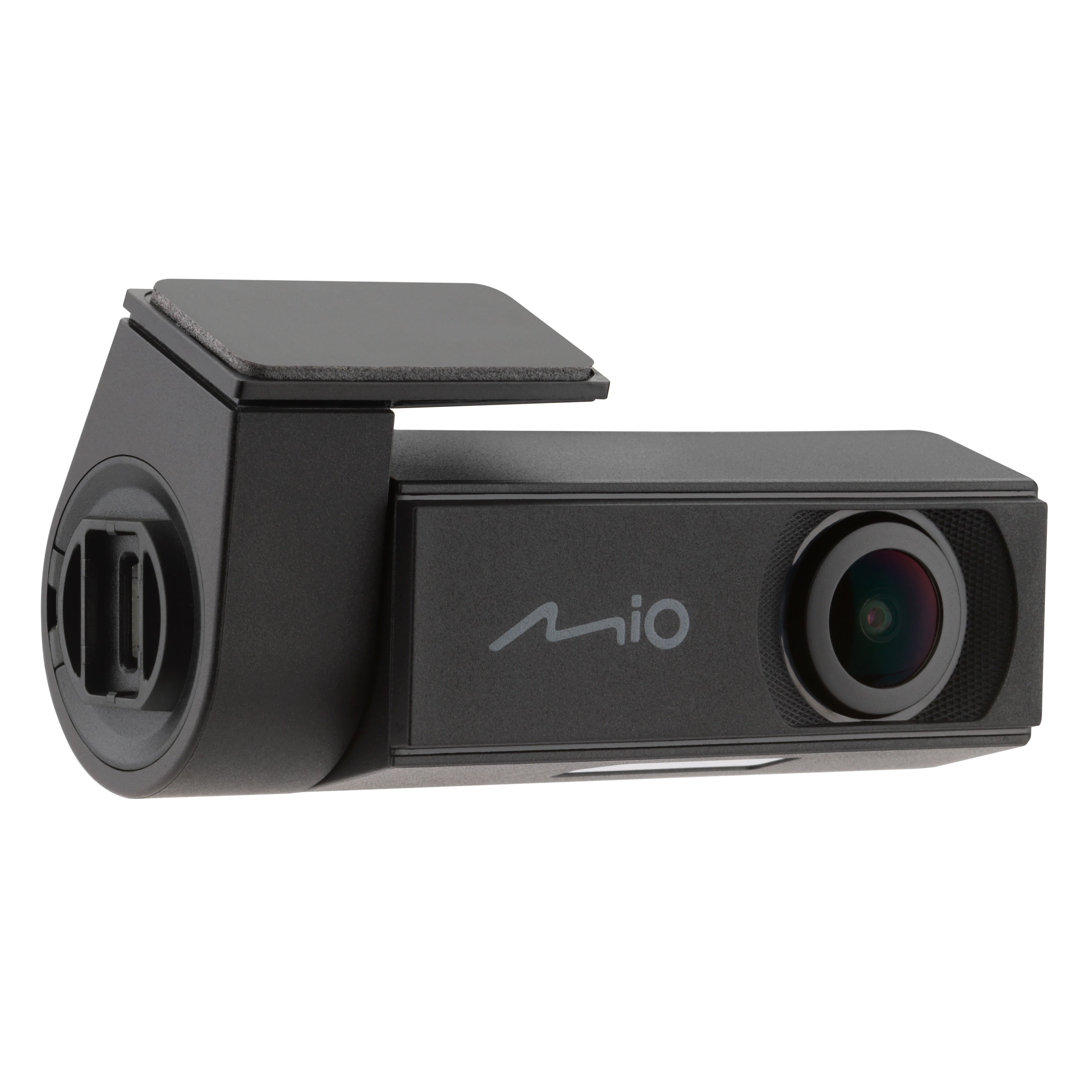 Een zwarte Mio dashcam, met lens, logo en houder. Het is tegen een witte achtergrond.