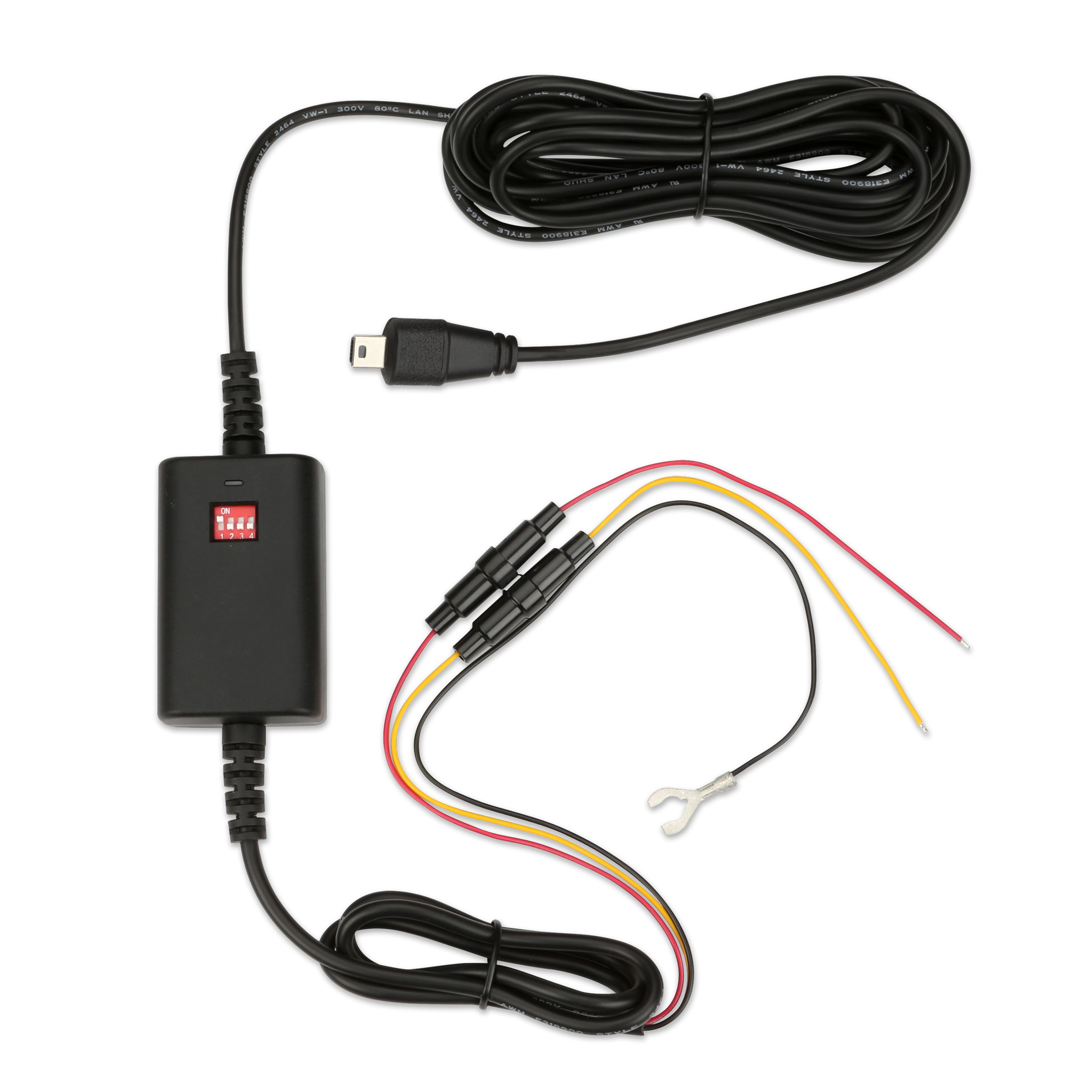 Black wires and connectors on a white background. A black box with red switches is connected to the wires.