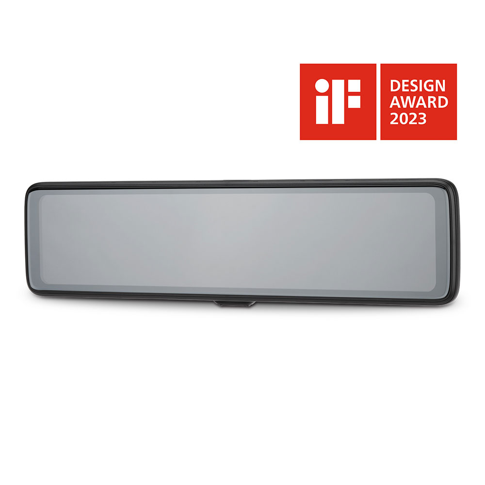 A rectangular rearview mirror with a black frame.  An iF Design Award 2023 logo is in the top right corner.