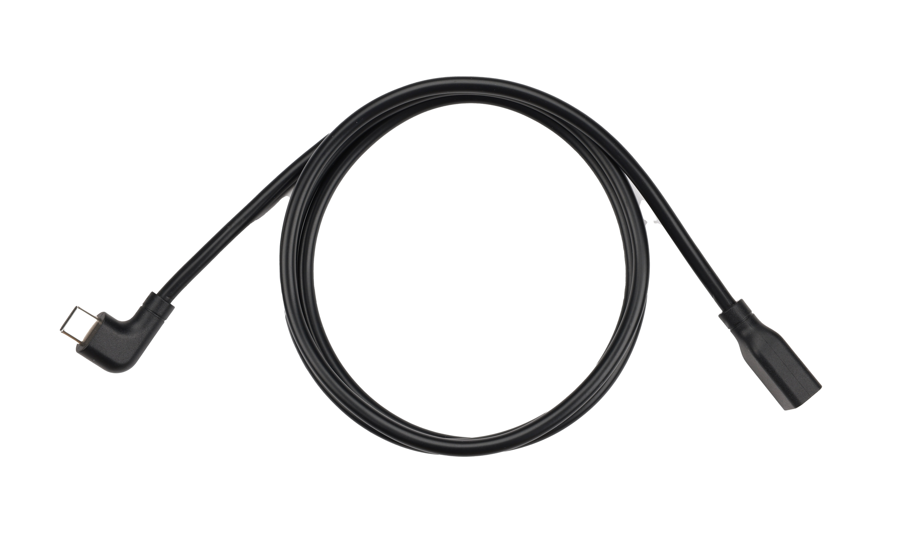 A black USB cable is coiled against a white background. One end has a square connector, the other a rectangular one.