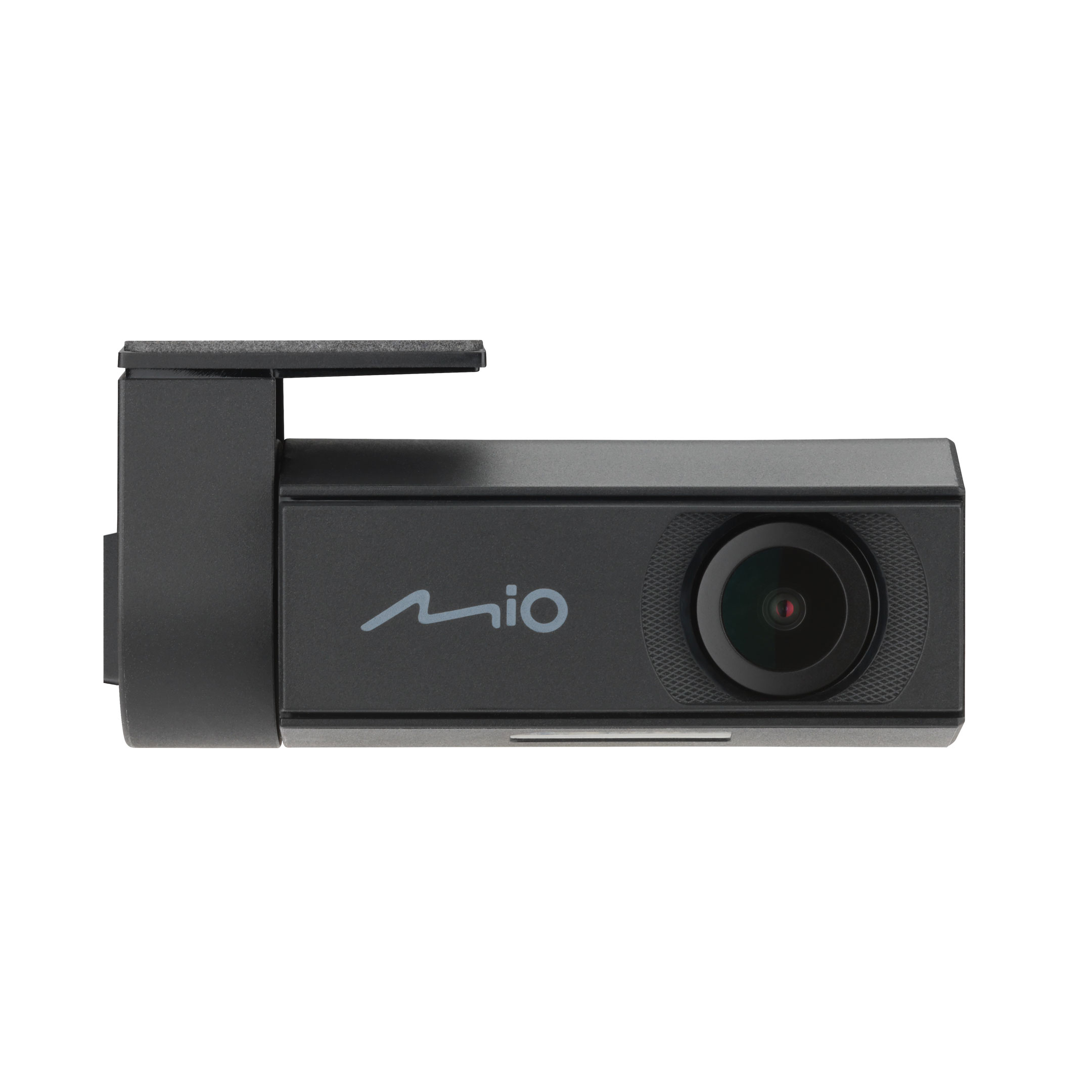 Een zwarte Mio dashcam op een witte achtergrond. Het heeft een lens, het Mio-logo en een montagebeugel.