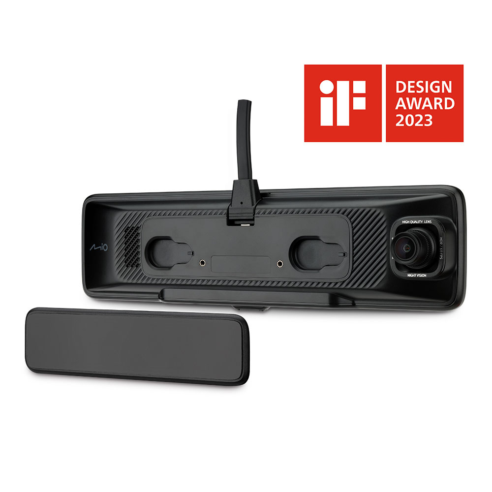 A black Mio dashcam with a detached rectangular piece. It has a high-quality lens and a design award logo.