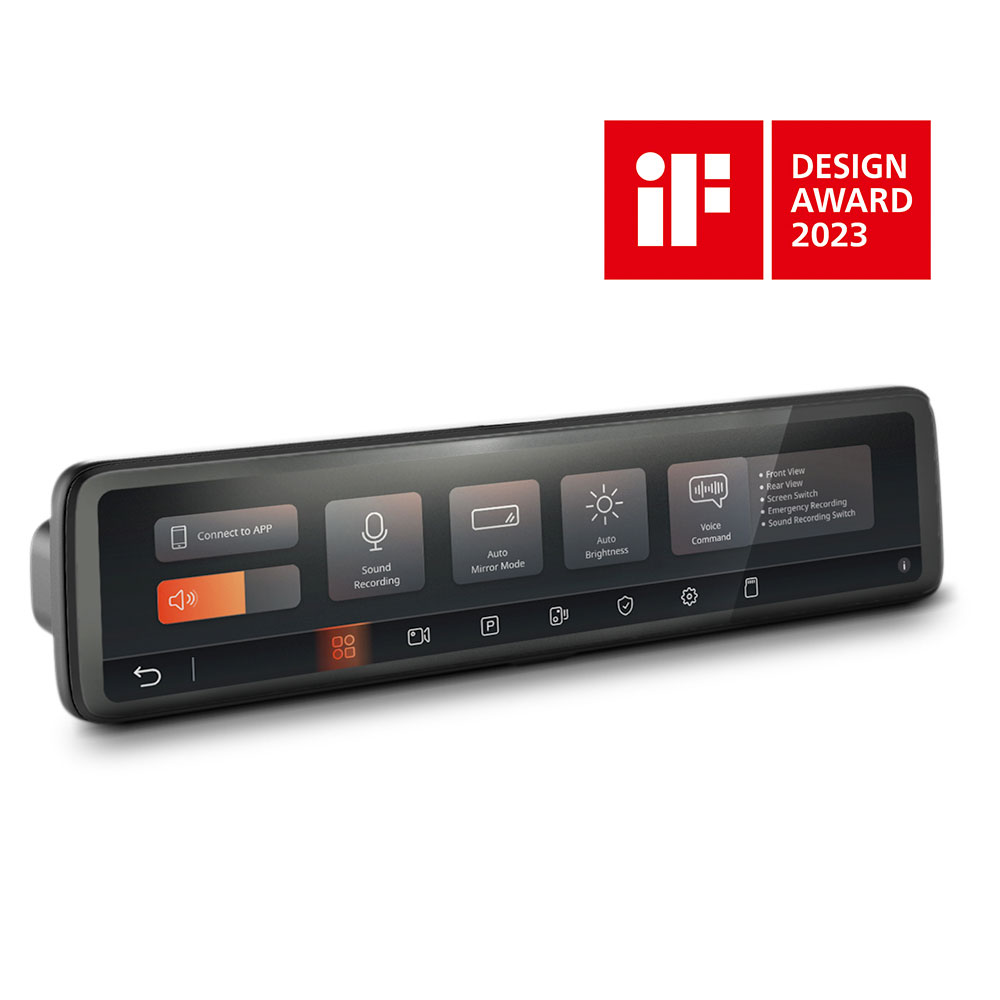 A car dashboard screen displays various options: connect to app, sound recording, auto mirror mode, auto brightness, and voice command.