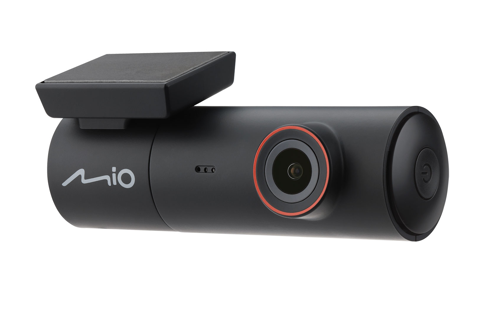 Black Mio dashcam with a lens, power button, and a small screen. The lens has a red ring around it. Isolated on white.