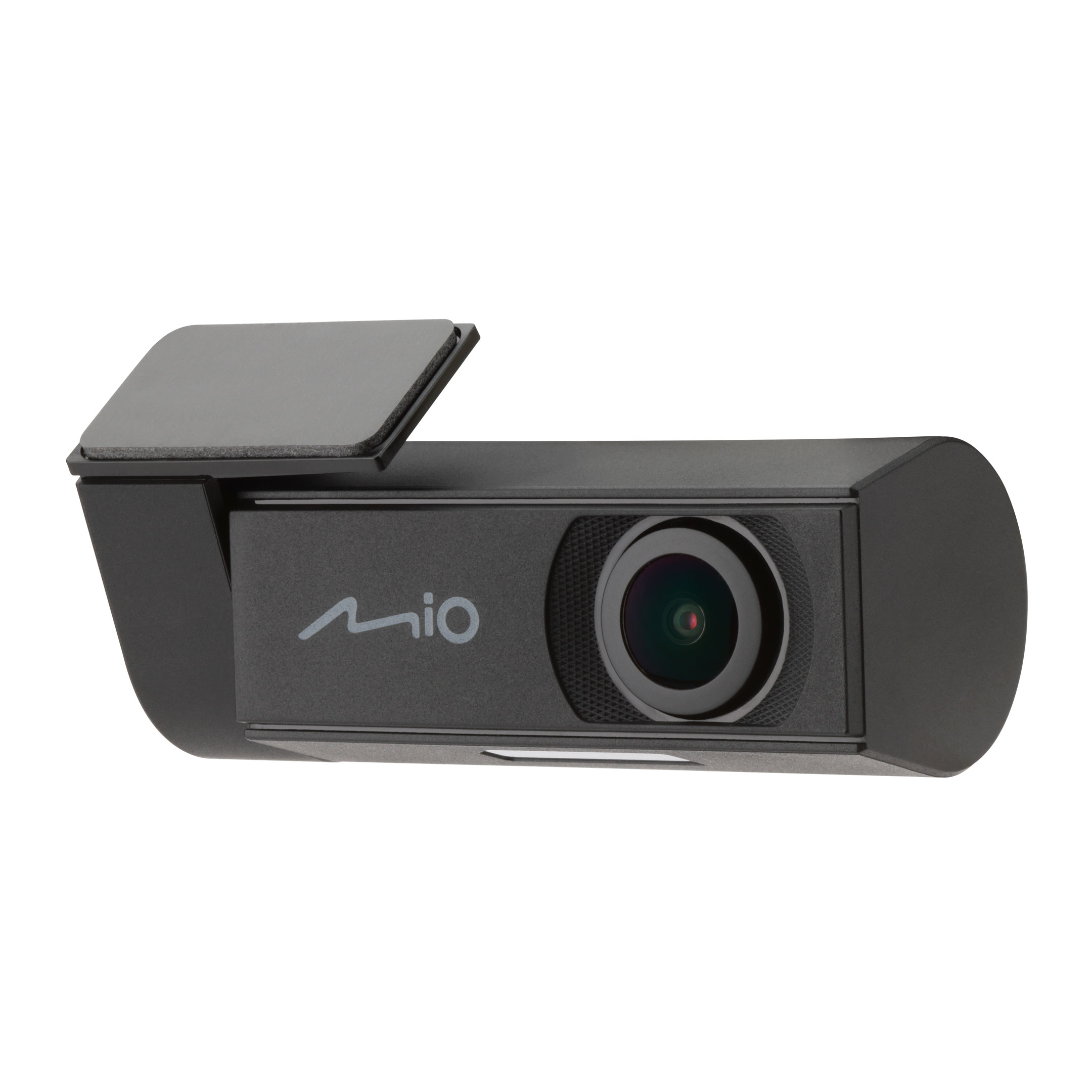Een zwarte Mio dashcam, met een lens en een opklapbaar klepje. Het Mio-logo is zichtbaar.