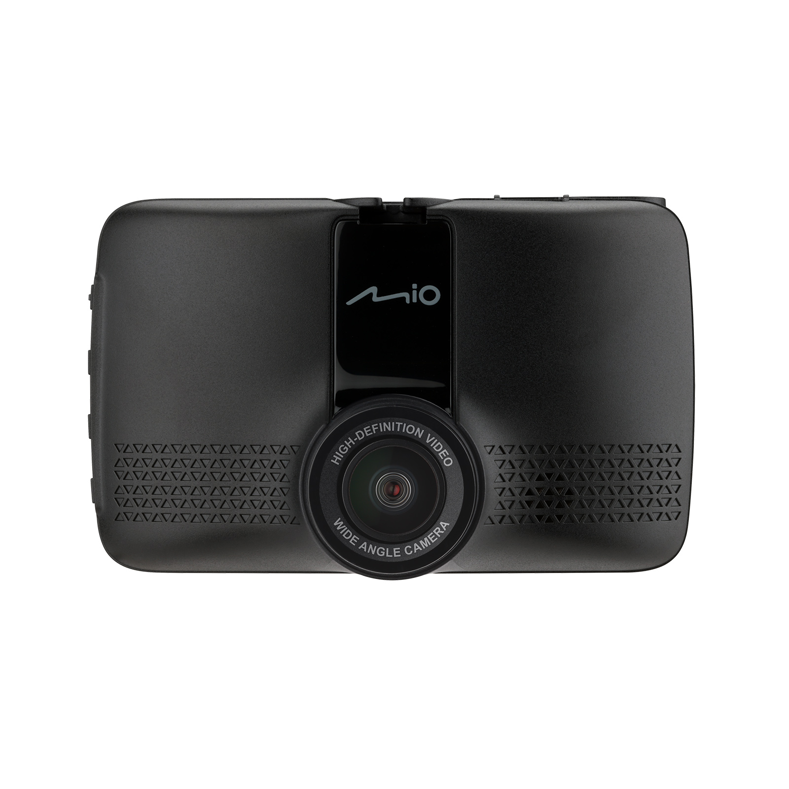 Una dashcam Mio nera, con obiettivo grandangolare e logo Mio. È un videoregistratore ad alta definizione.
