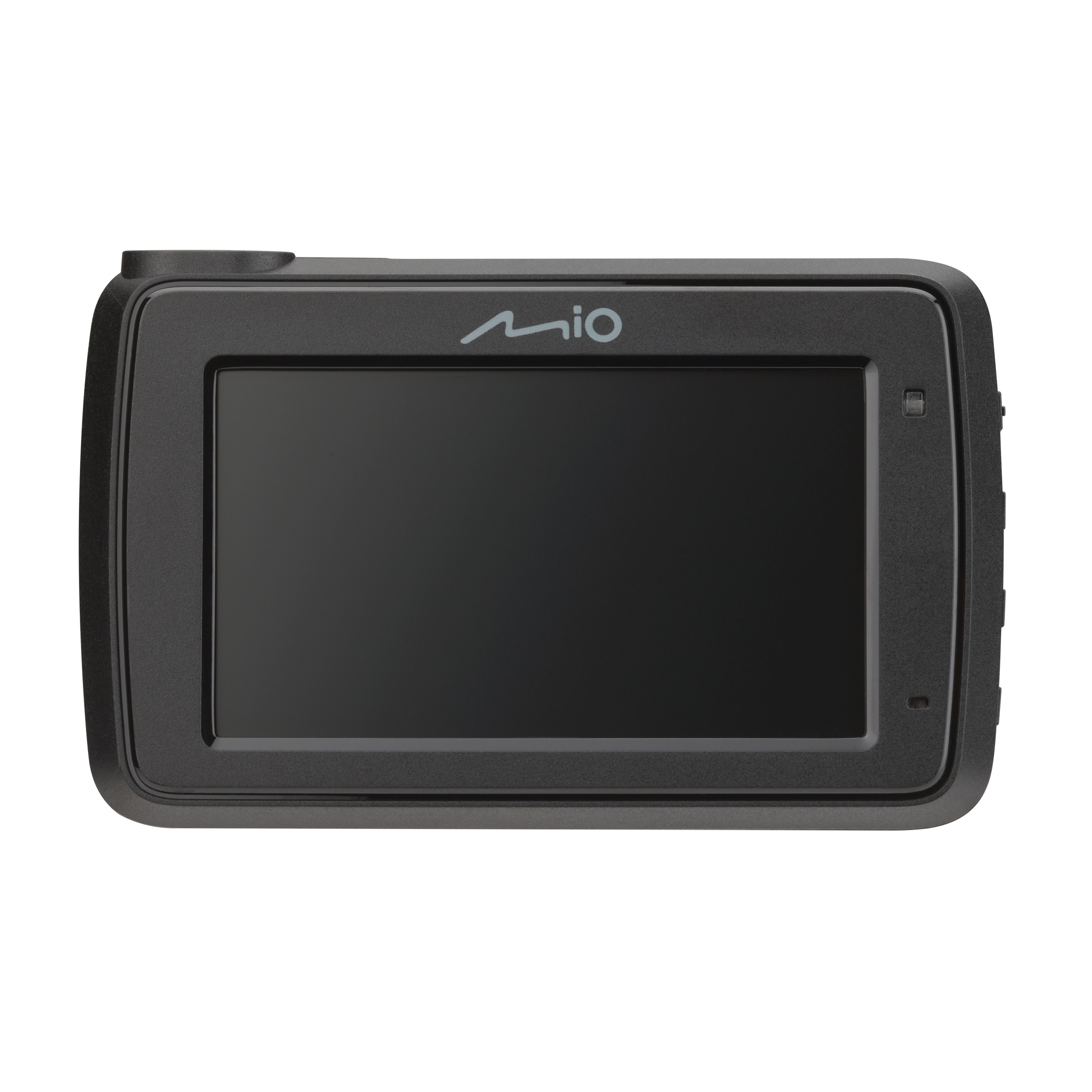 A black Mio dashcam, with a dark screen, is centered against a white background.