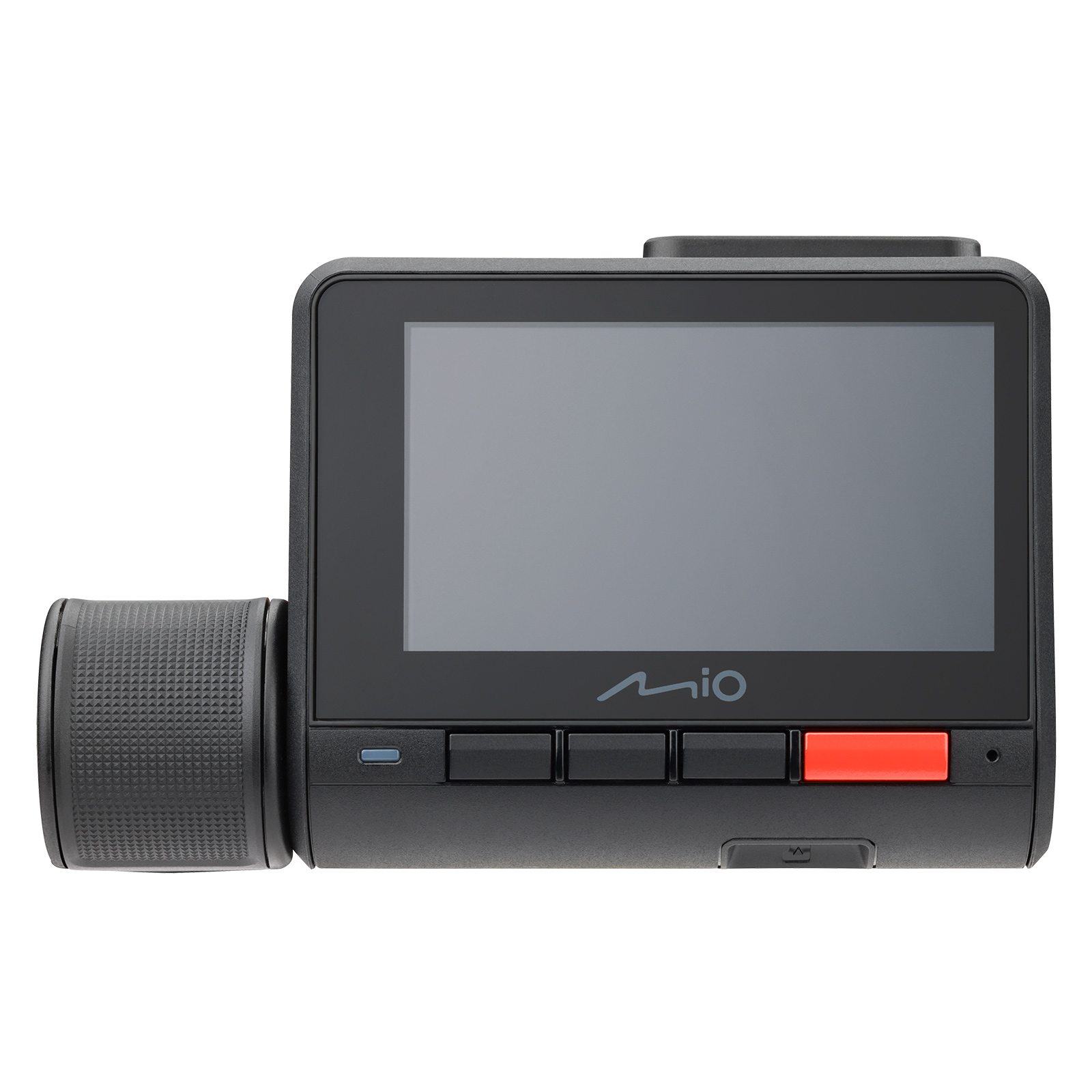 A black Mio dashcam with a screen, buttons, and a rotating side piece. The background is white.