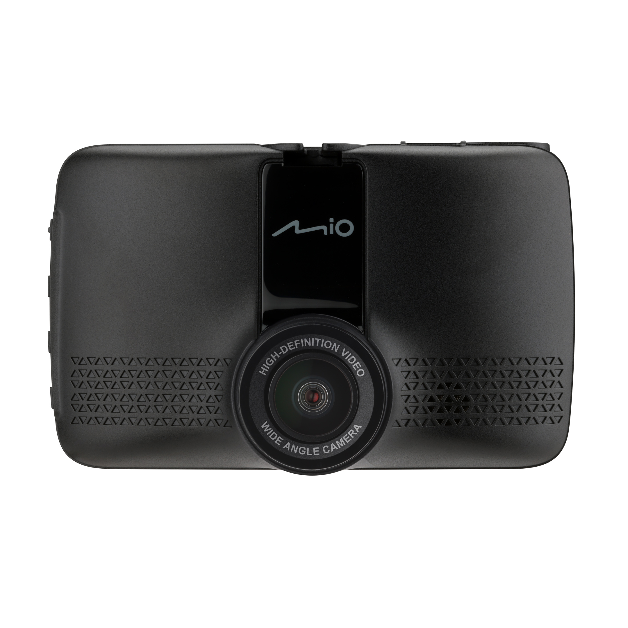 Black Mio dashcam with a wide-angle camera lens. It has a high-definition video label. The background is white.