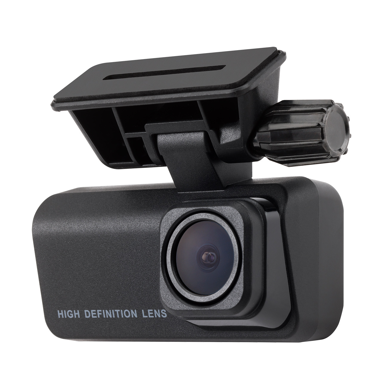 Black dash camera with a lens, a screen protector, and a knob. It says 'HIGH DEFINITION LENS' on it.