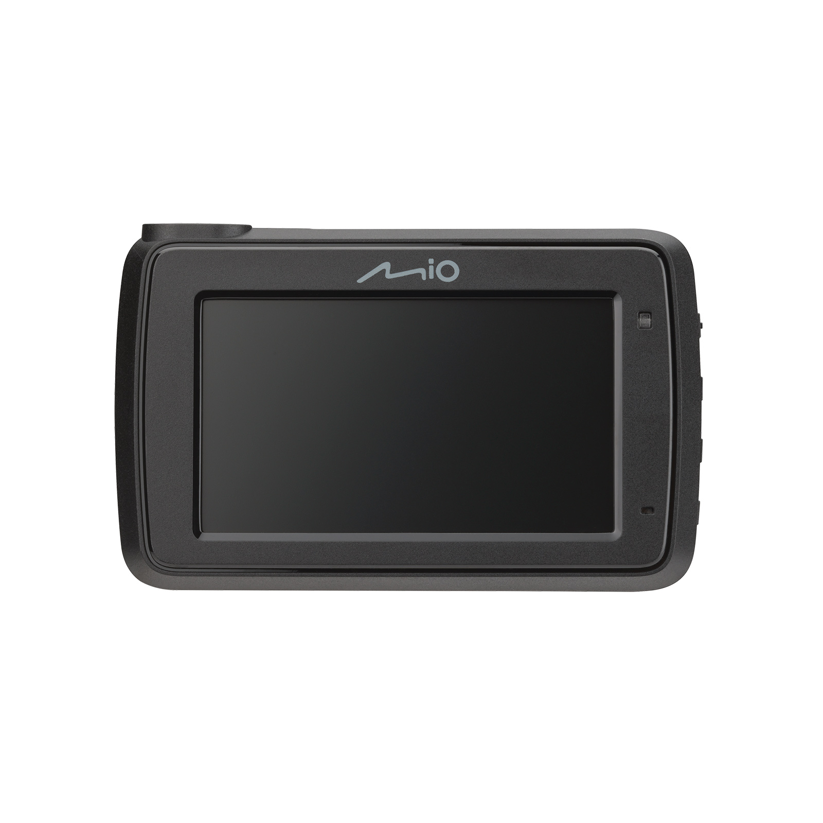 Una dashcam Mio nera, rettangolare con schermo, su sfondo bianco. Il logo del marchio è visibile.
