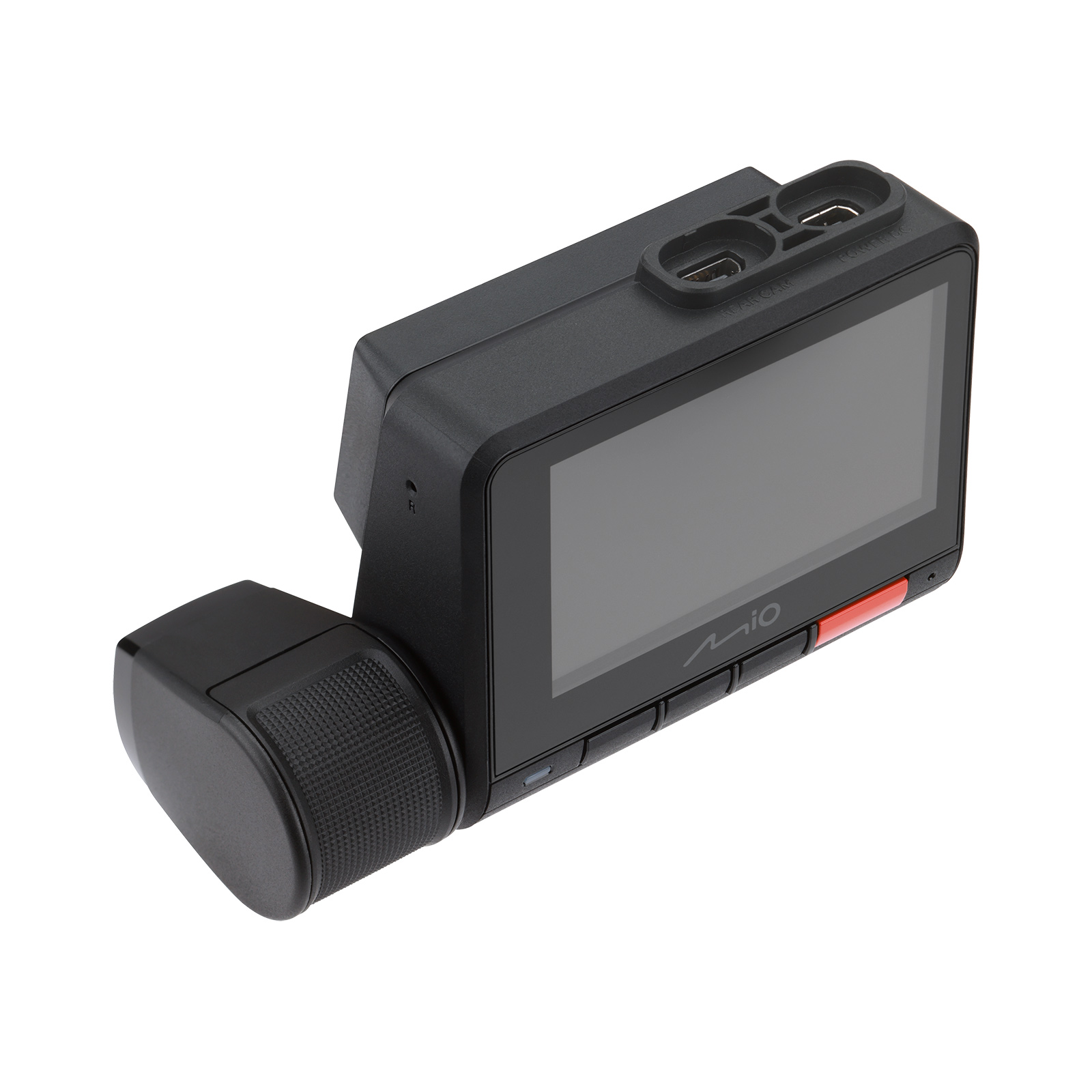 Black Mio dashcam on white. Has a screen, buttons, and a rotating lens. A red button is visible.