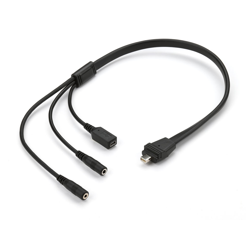 A black USB adapter cable with a micro USB and two 3.5mm audio jacks, and a USB-A port.