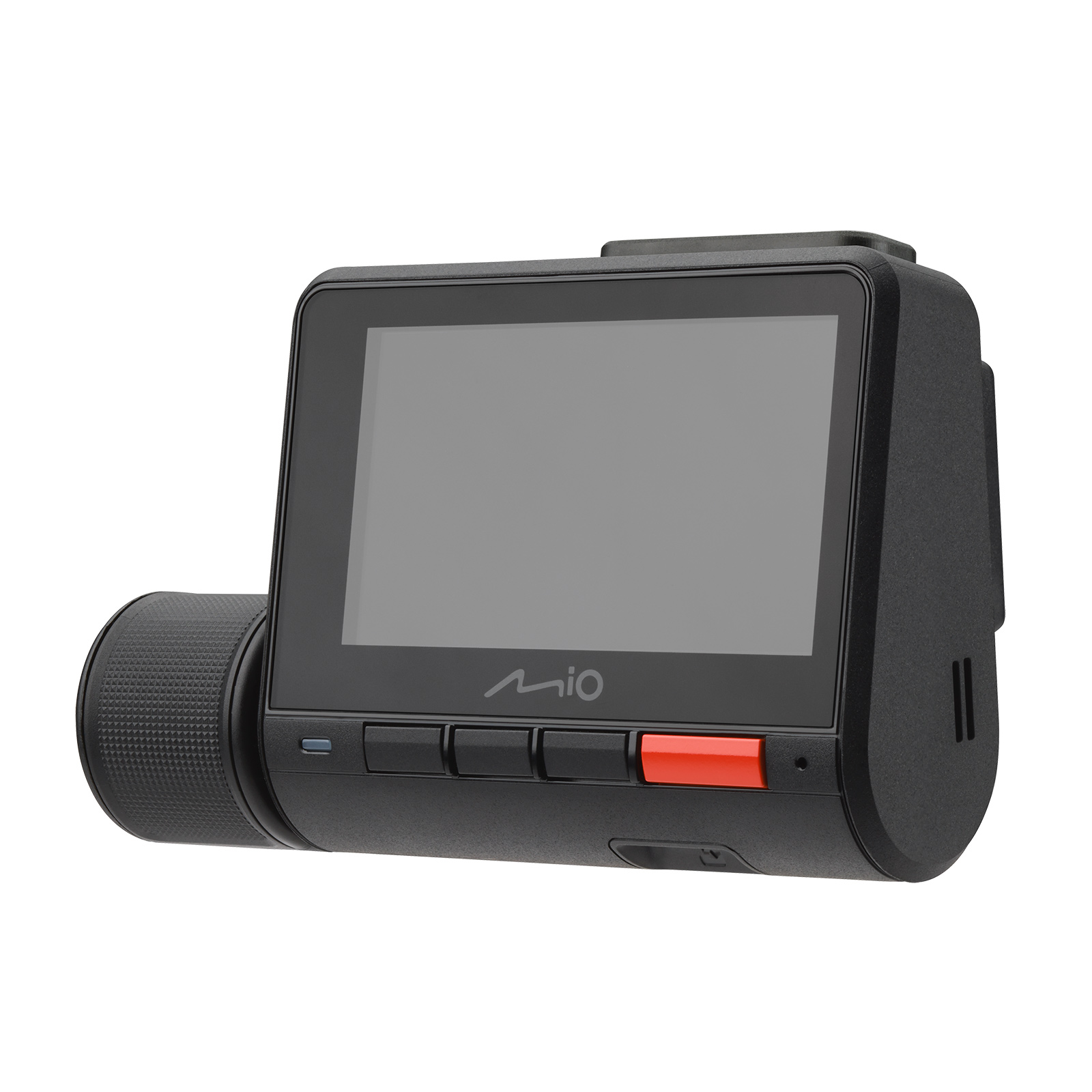Black car dash cam with a screen, buttons, and a lens. The brand name 'Mio' is visible. Isolated on white background.