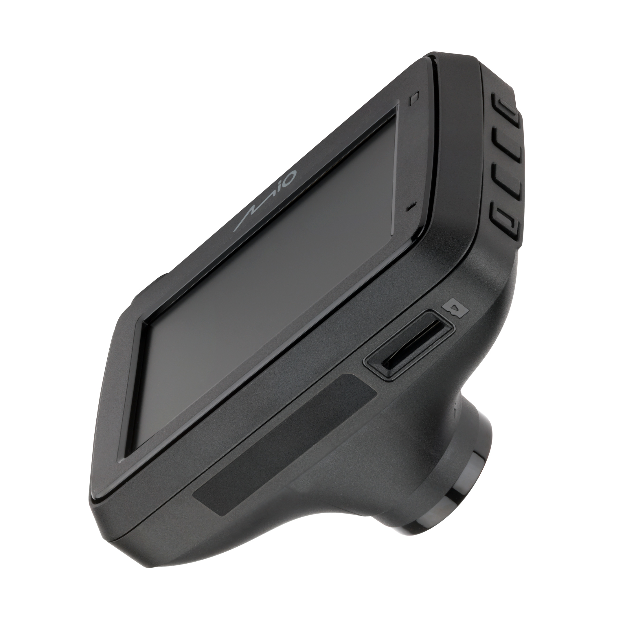 A black dashcam with a screen and buttons, angled towards the viewer. The background is white.