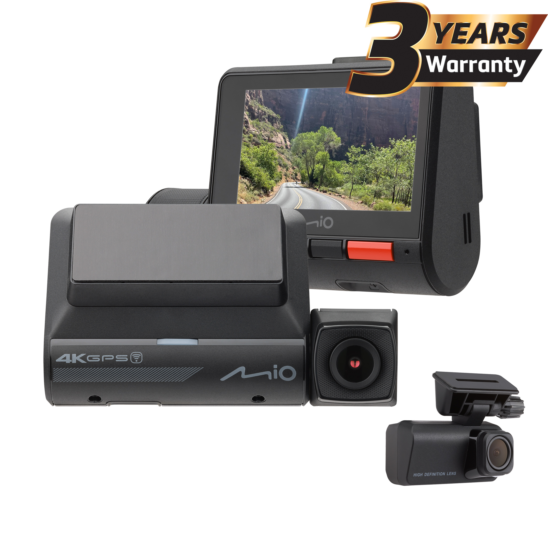 Black Mio dashcam with display showing a road, warranty text, and additional camera.
