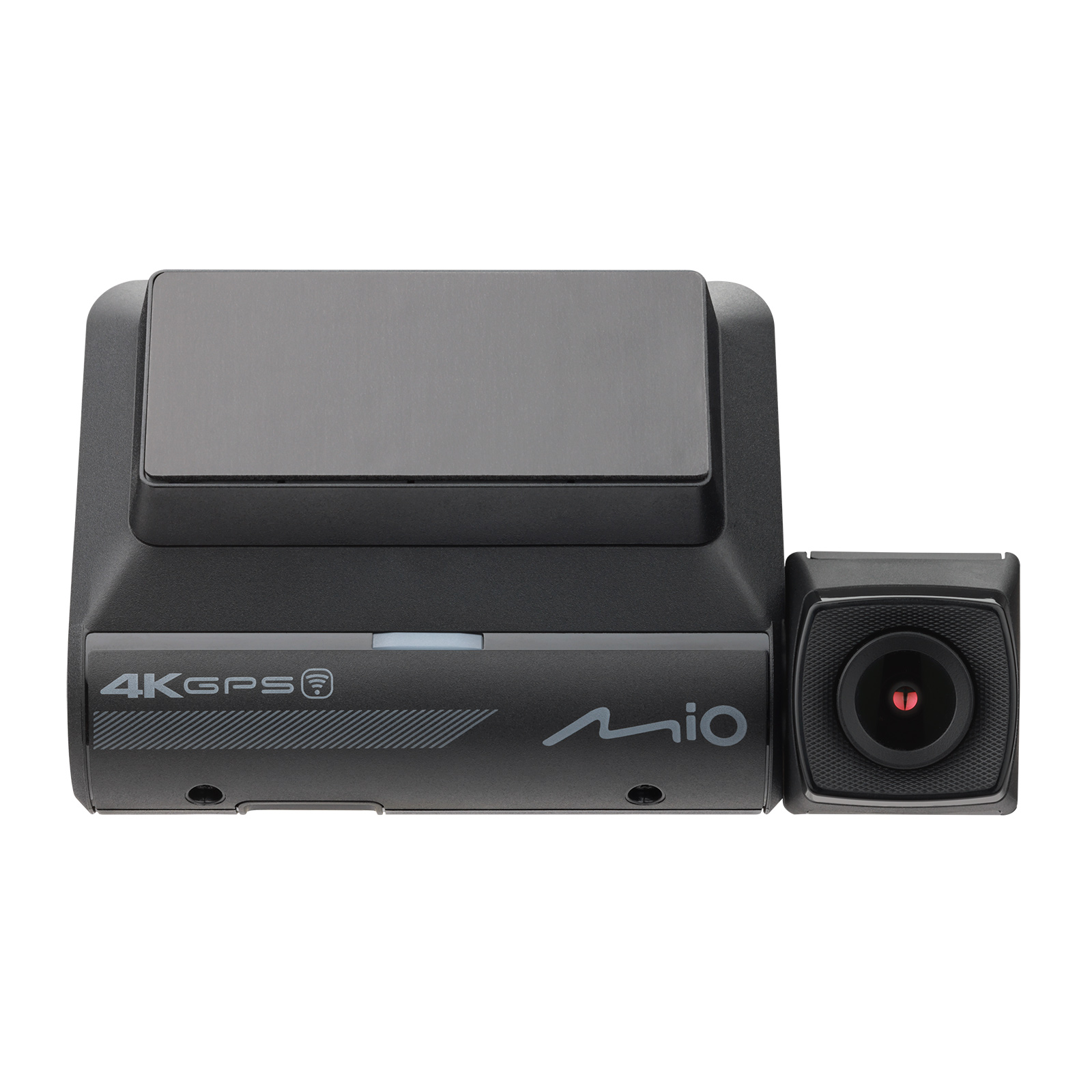 Black Mio dashcam on white background. It has a main unit and a smaller camera. 4K GPS logo is visible.