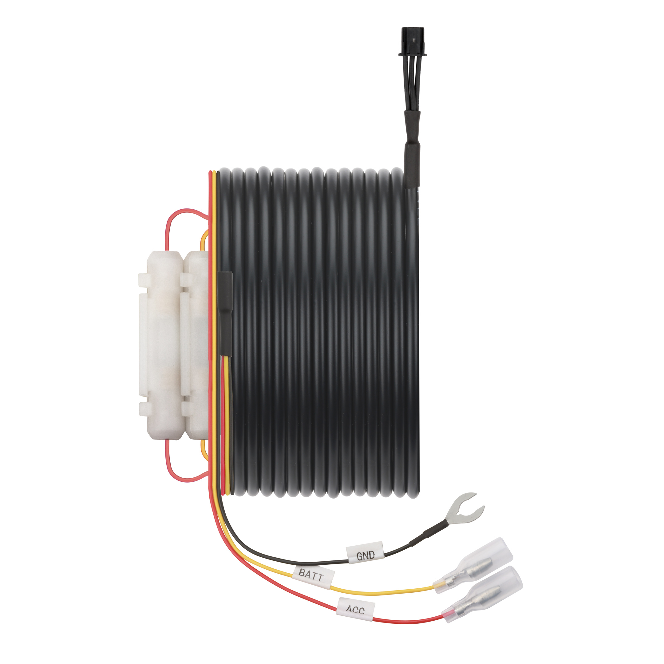 A black electrical cable with wires and connectors, labeled BATT, GND, and ACC, white plastic components, and a black connector.