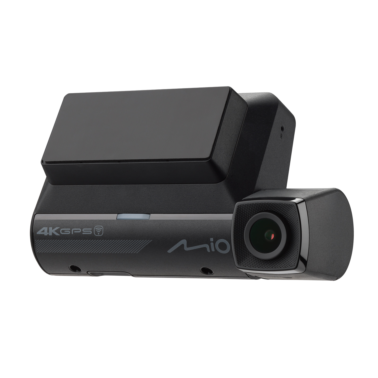A black Mio dashcam, with a lens, 4K GPS, and a screen on top. It sits against a white background.