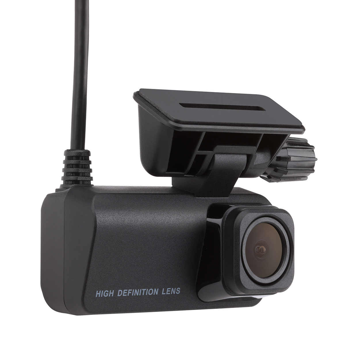 A black dashcam with a lens, a mounting bracket, and a power cable against a white background. It says 'HIGH DEFINITION LENS'.