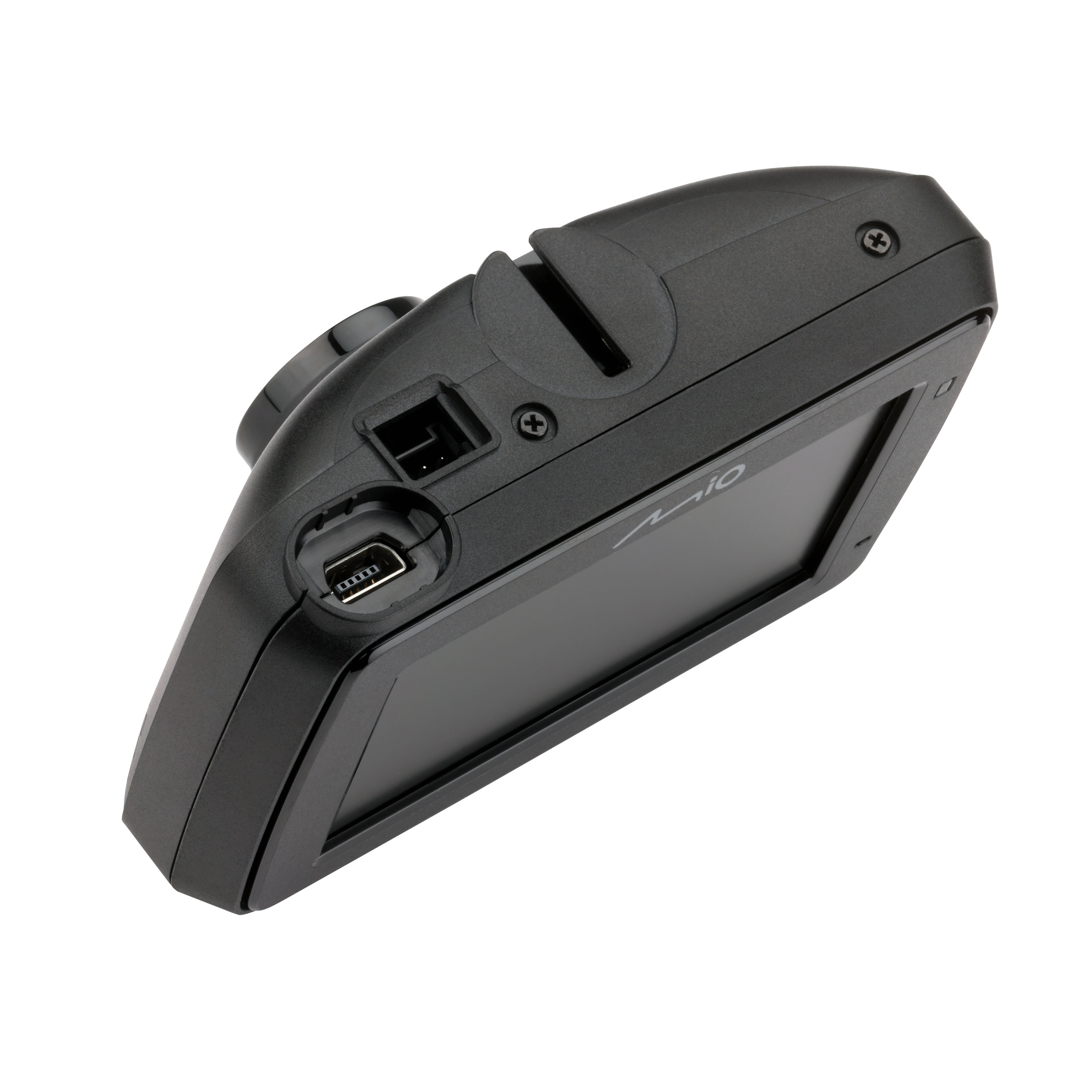 Black dashcam on a white background. Visible features include a screen, USB port, and buttons.