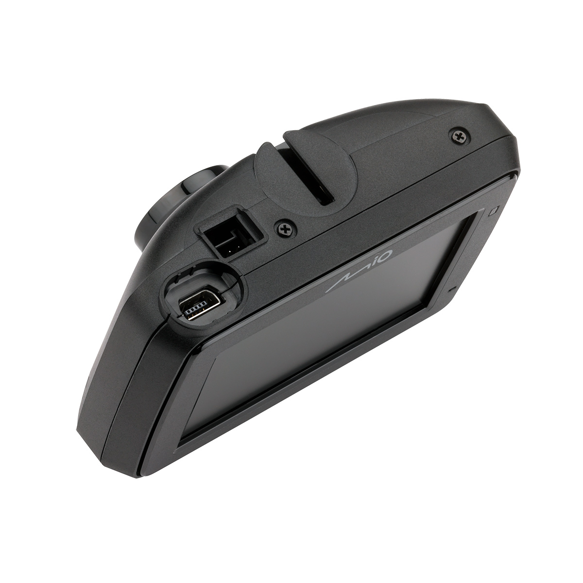 Una dashcam nera con schermo e porta USB è mostrata su sfondo bianco. Il dispositivo ha il logo Mio.