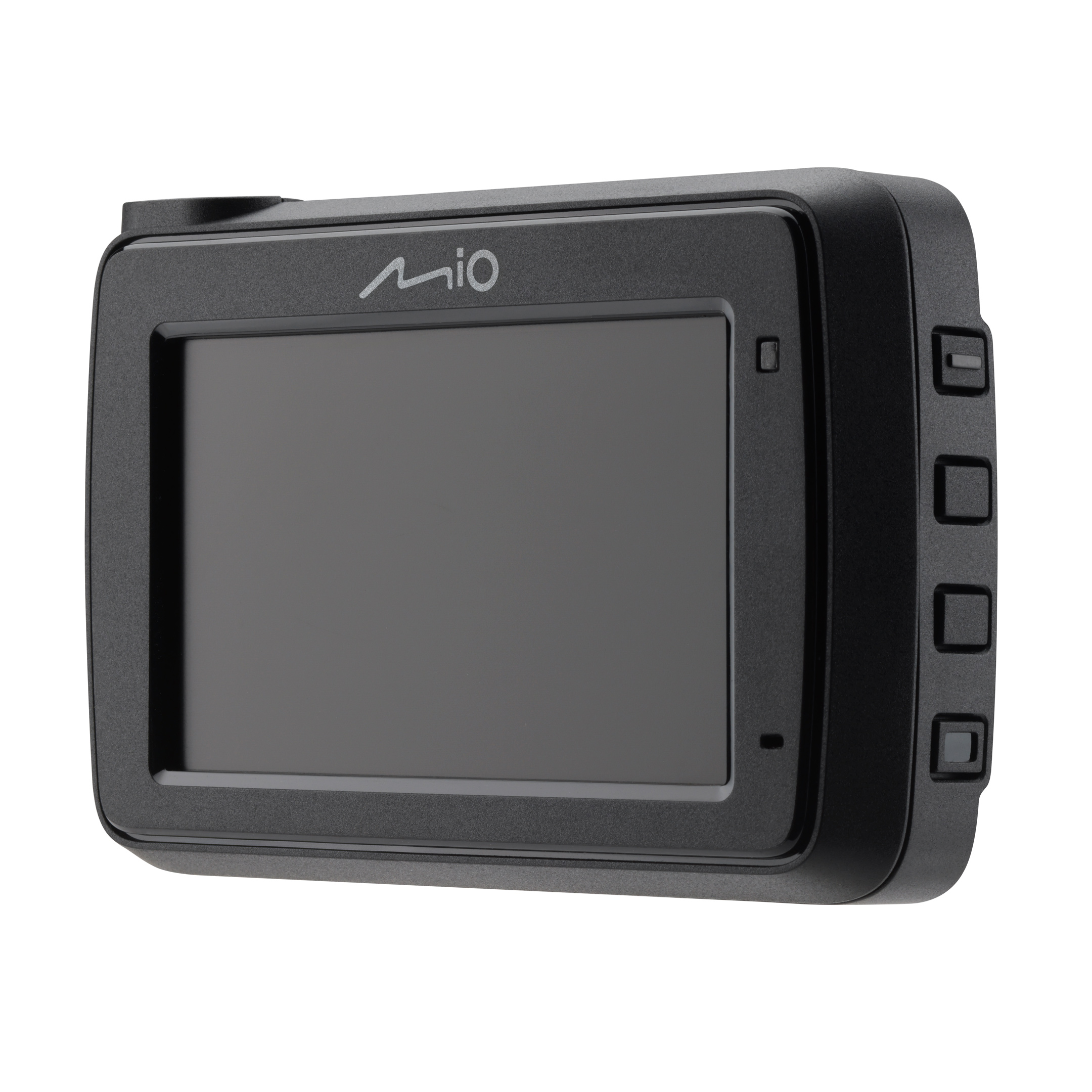 Black Mio dashcam on a white background. It has a screen and buttons on the side.
