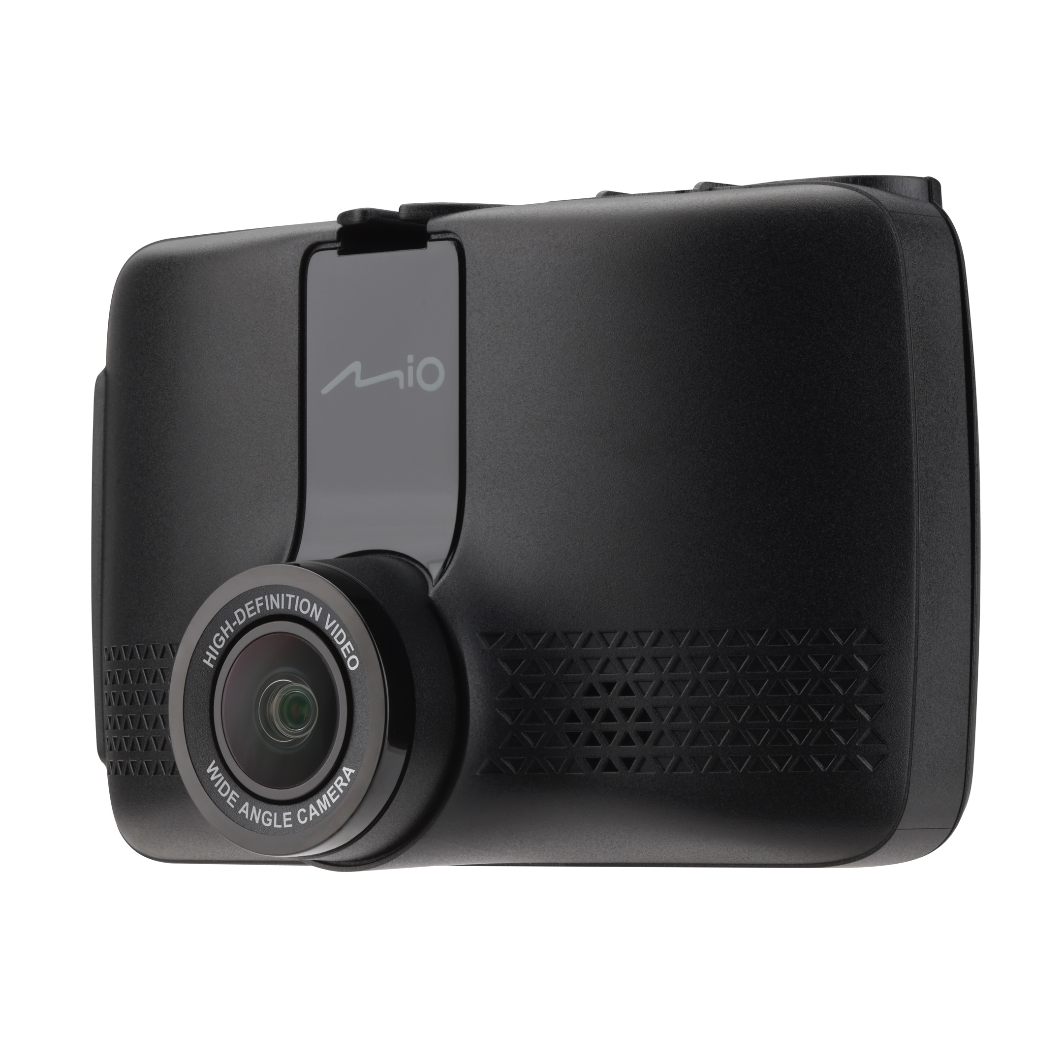 Black Mio dashcam on white background. Features a wide-angle lens, and the Mio logo. High definition video camera.
