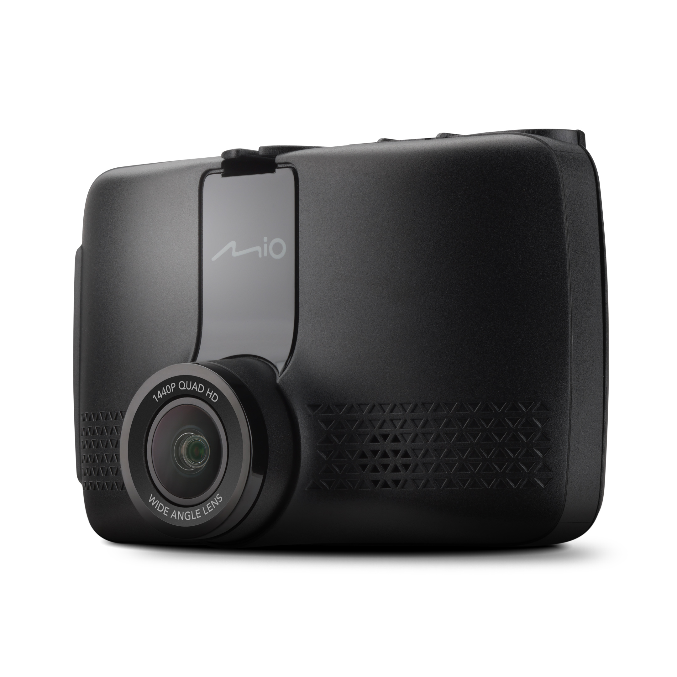 Dashcam Mio nera su sfondo bianco. Ha un obiettivo grandangolare e le parole '1440P QUAD HD' sono visibili.