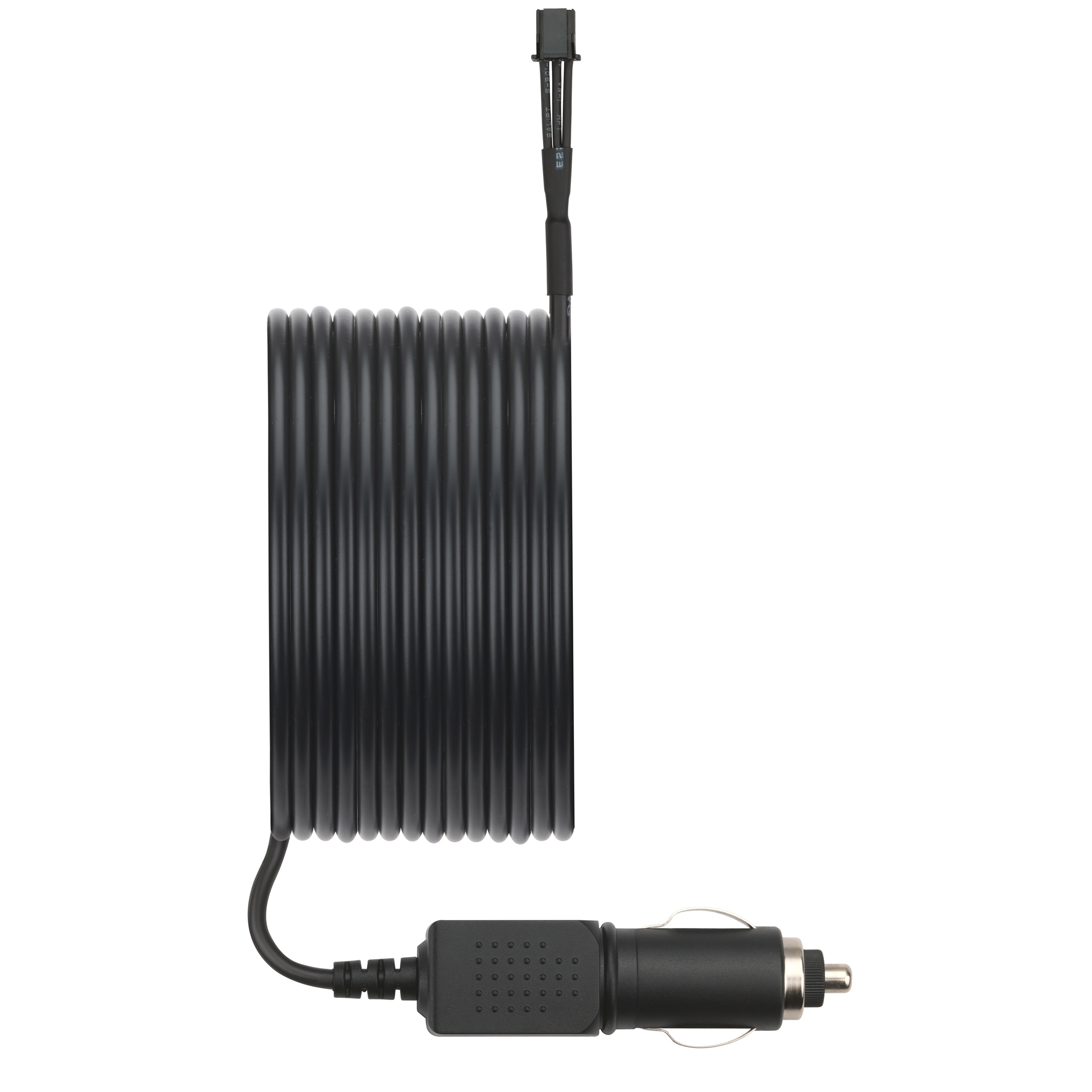 Black car charger cable. The cable is coiled. The image is on a white background.