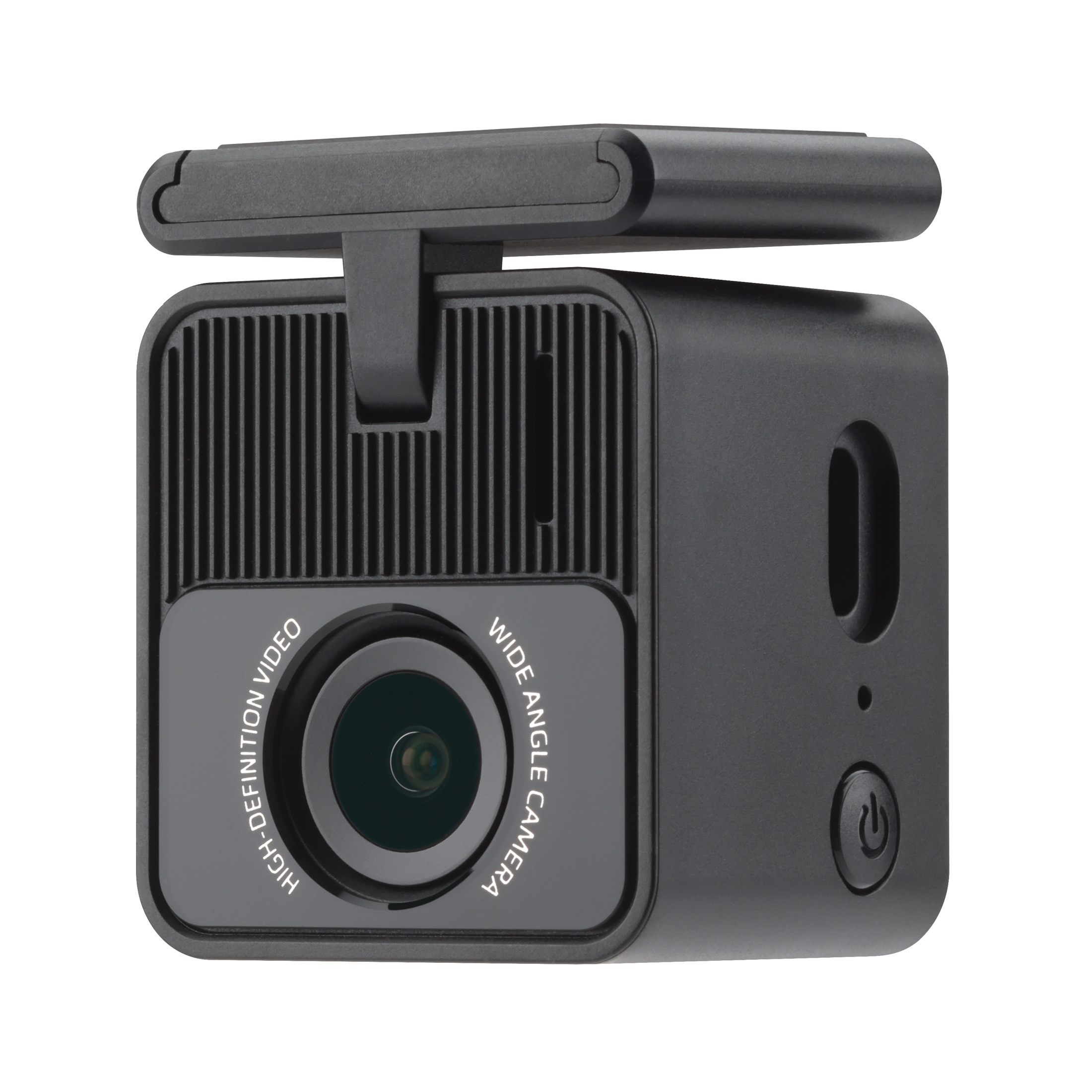 Schwarze Dashcam mit Weitwinkelobjektiv, Power-Taste und Halterung. Aufdruck: 'HIGH-DEFINITION VIDEO' und 'WIDE ANGLE CAMERA'.