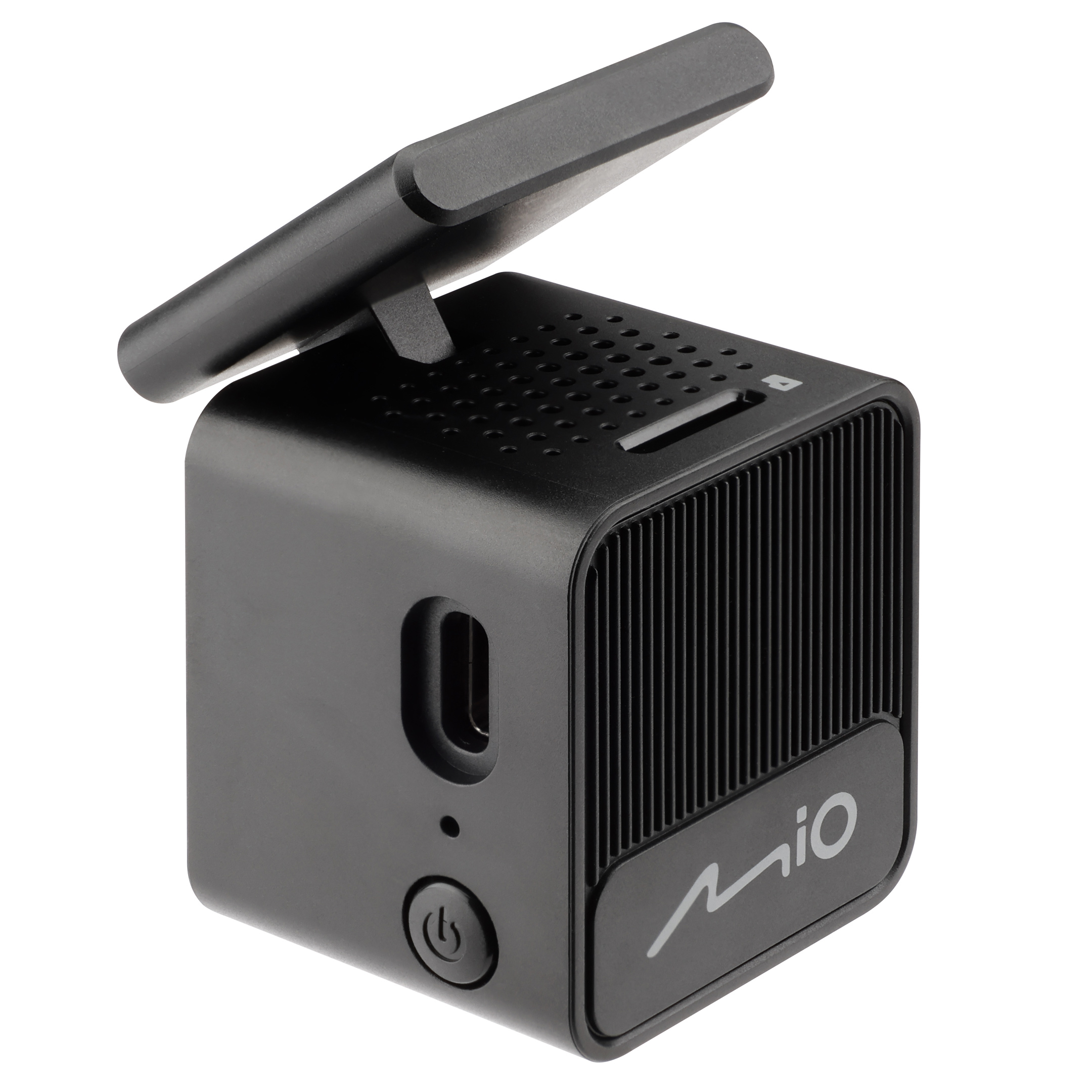 Schwarzes quaderförmiges Gerät mit Antenne, Ein- /Aus-Taste und „mio“-Logo. Es hat eine Lüftung und einen Speicherkartensteckplatz.