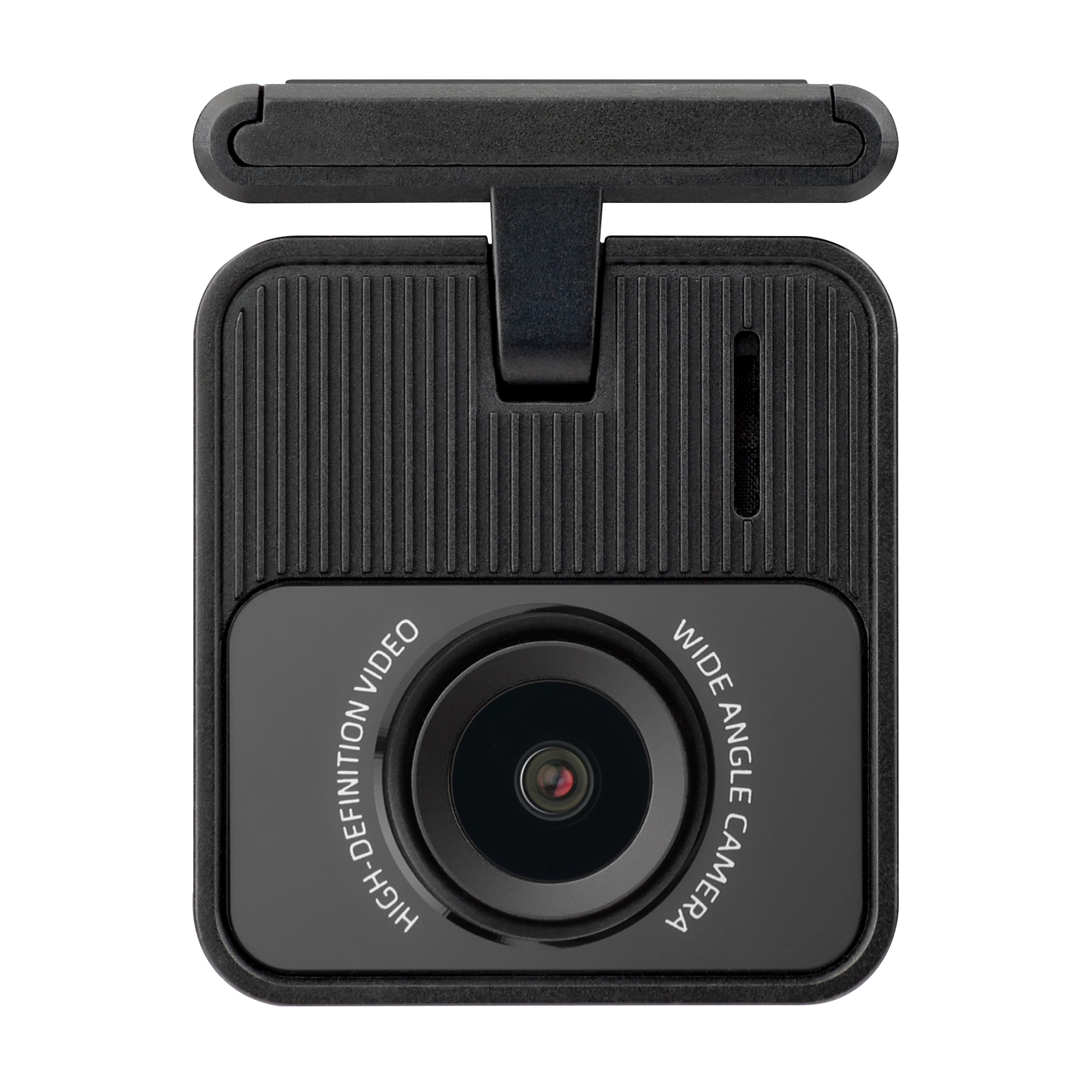 Schwarze Dashcam mit Objektiv, beschriftet mit 'HIGH-DEFINITION VIDEO' und 'WIDE ANGLE CAMERA'.